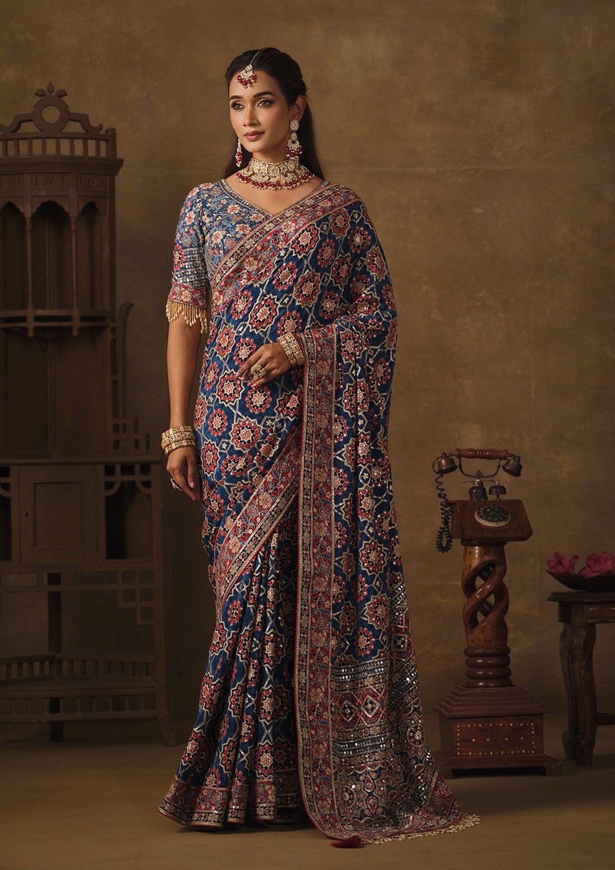 Navy Blue Embellished Natural Crepe Saree