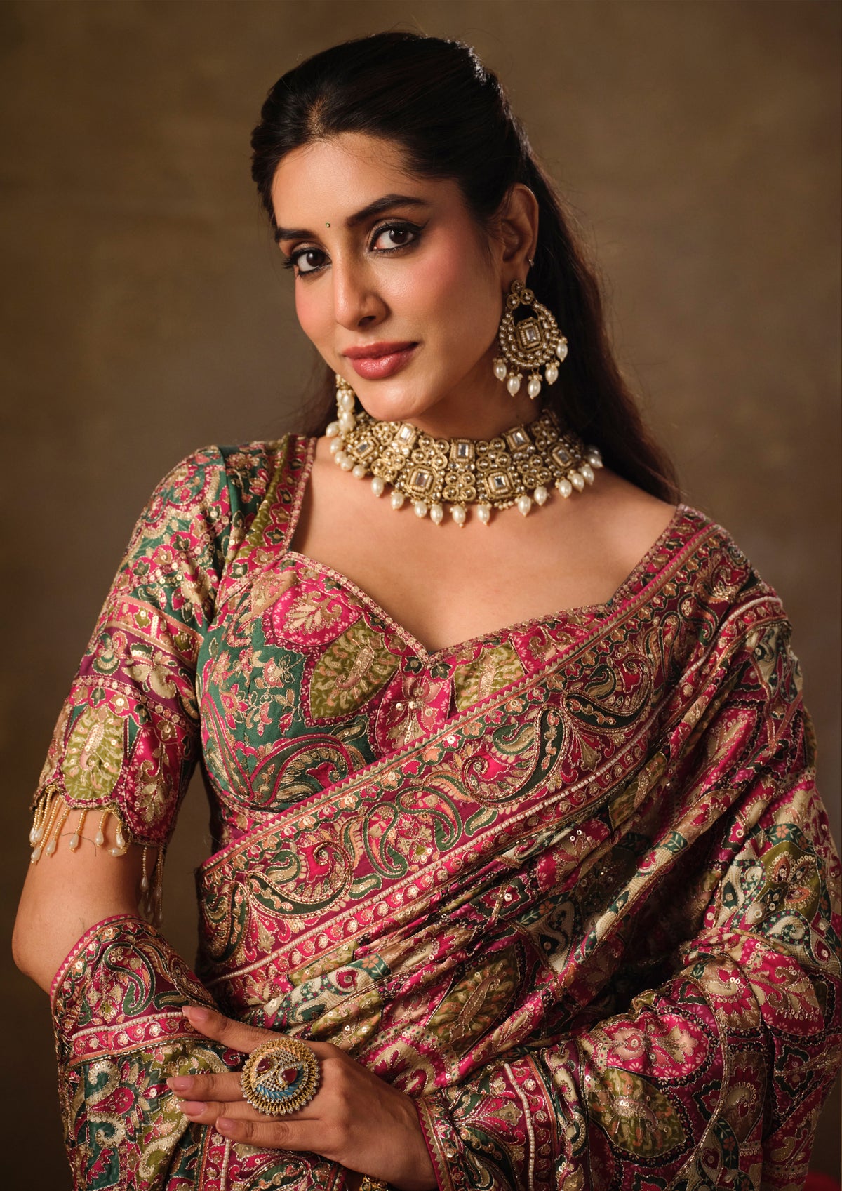 Magenta and Olive Khatli-Embroidered Natural Crepe Saree