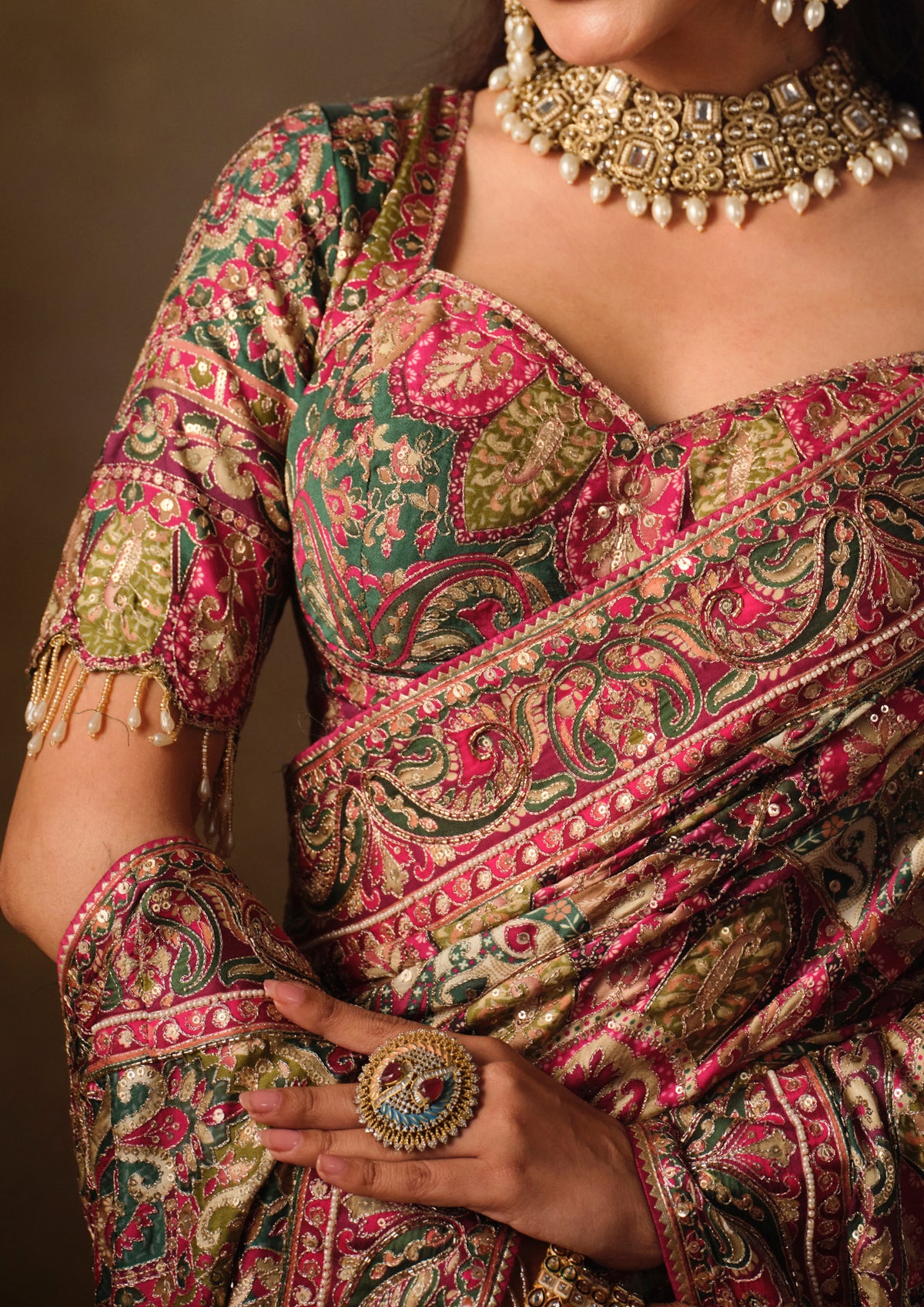 Magenta and Olive Khatli-Embroidered Natural Crepe Saree