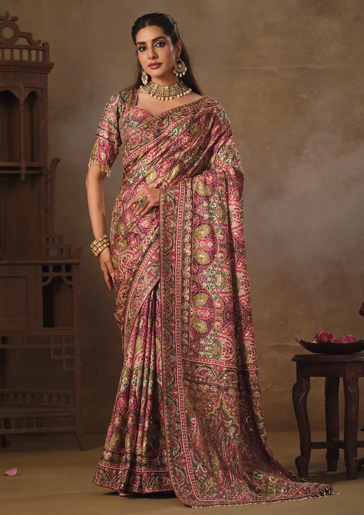 Magenta and Olive Khatli-Embroidered Natural Crepe Saree