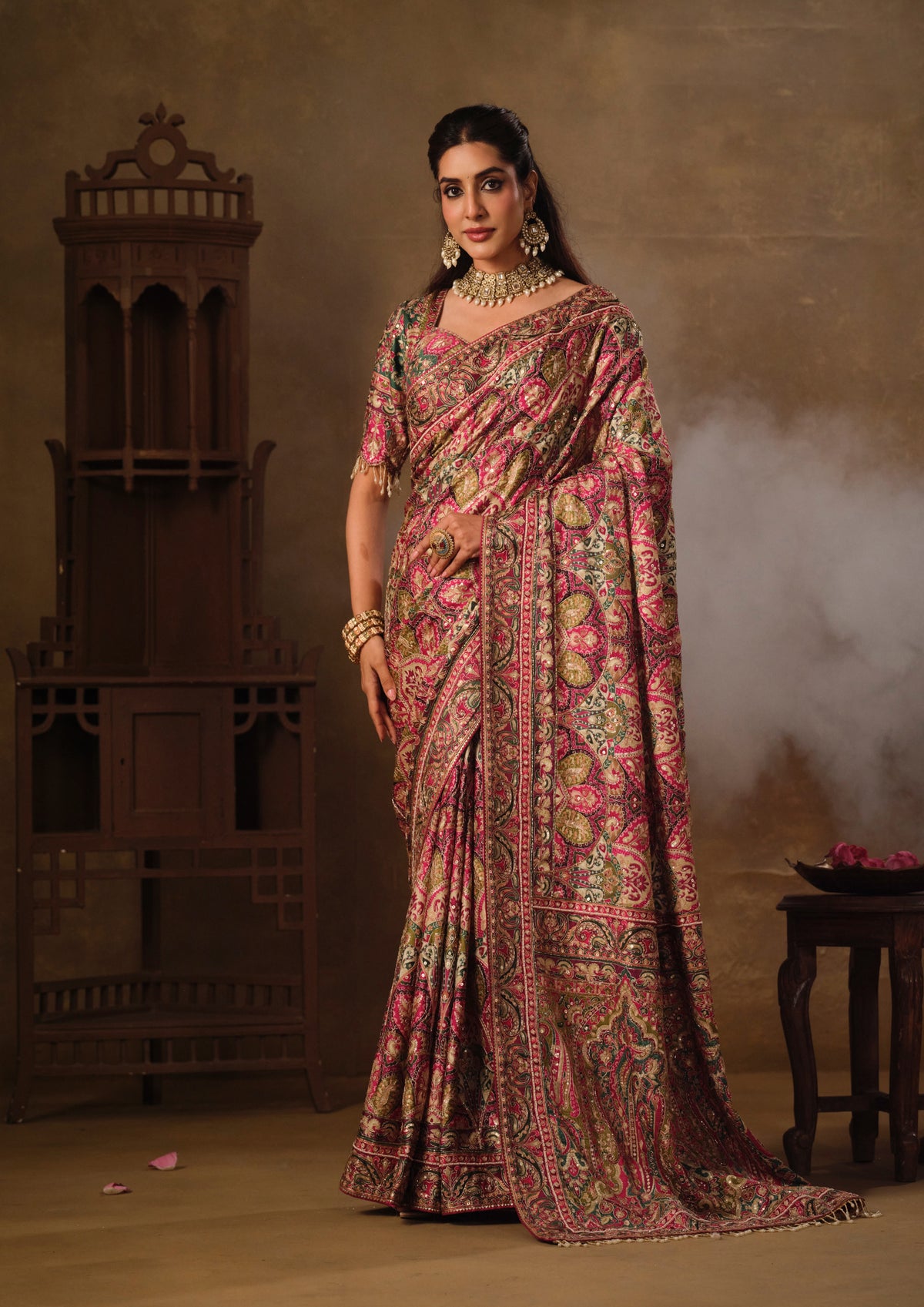 Magenta and Olive Khatli-Embroidered Natural Crepe Saree