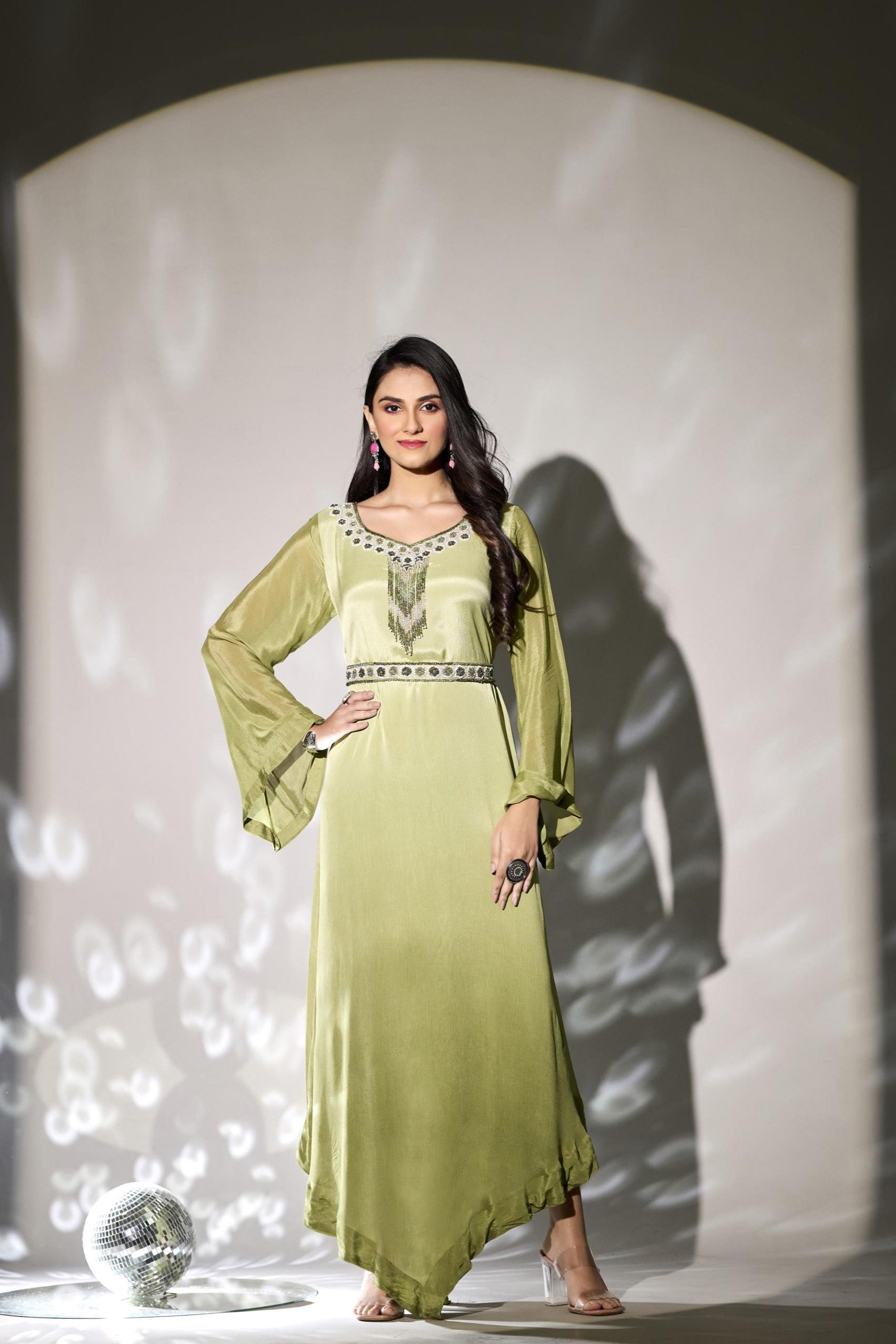 Pastel Green Embellished Premium Chinon Silk Gown