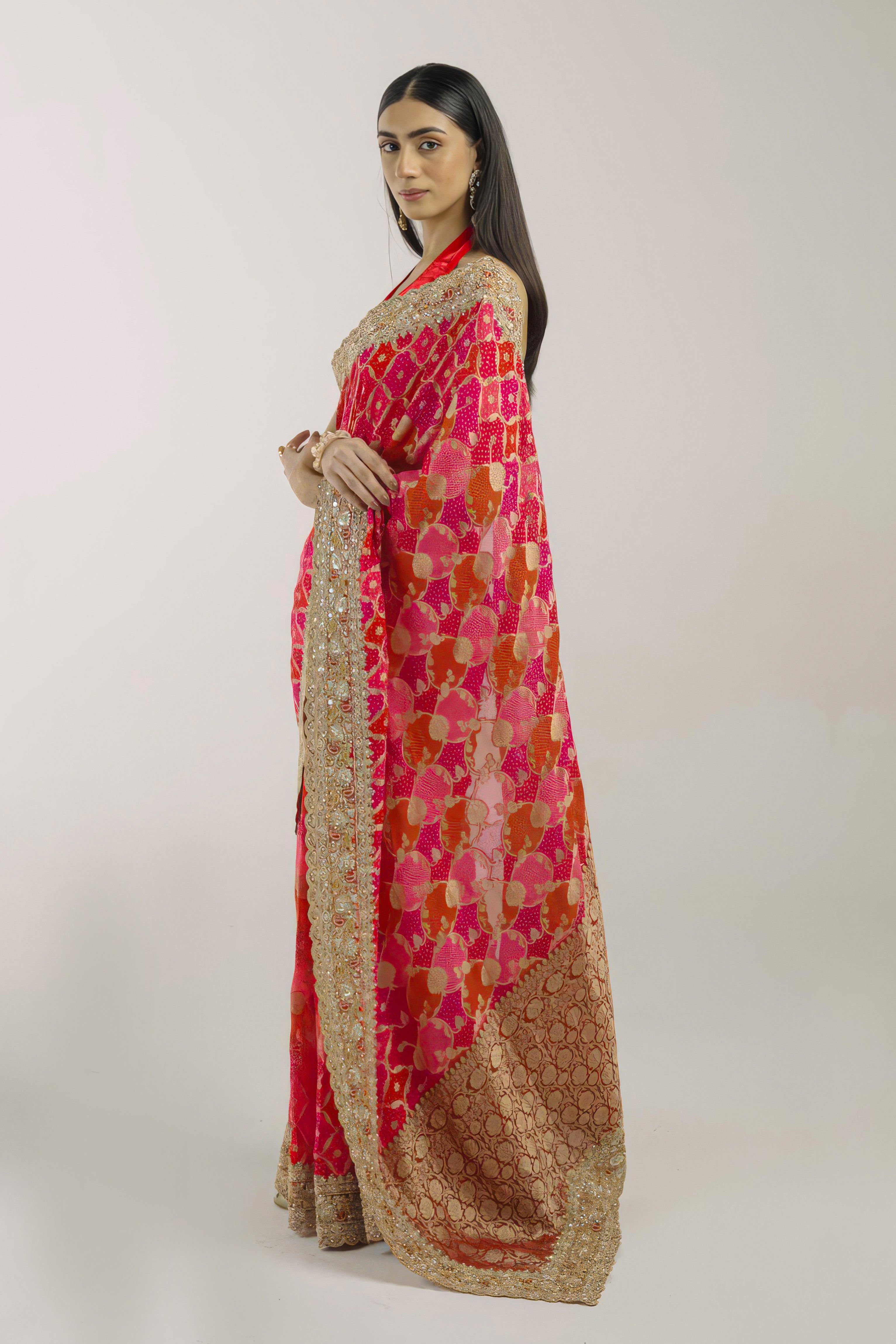 Fuchsia & Red Embellished Premium Silk Saree