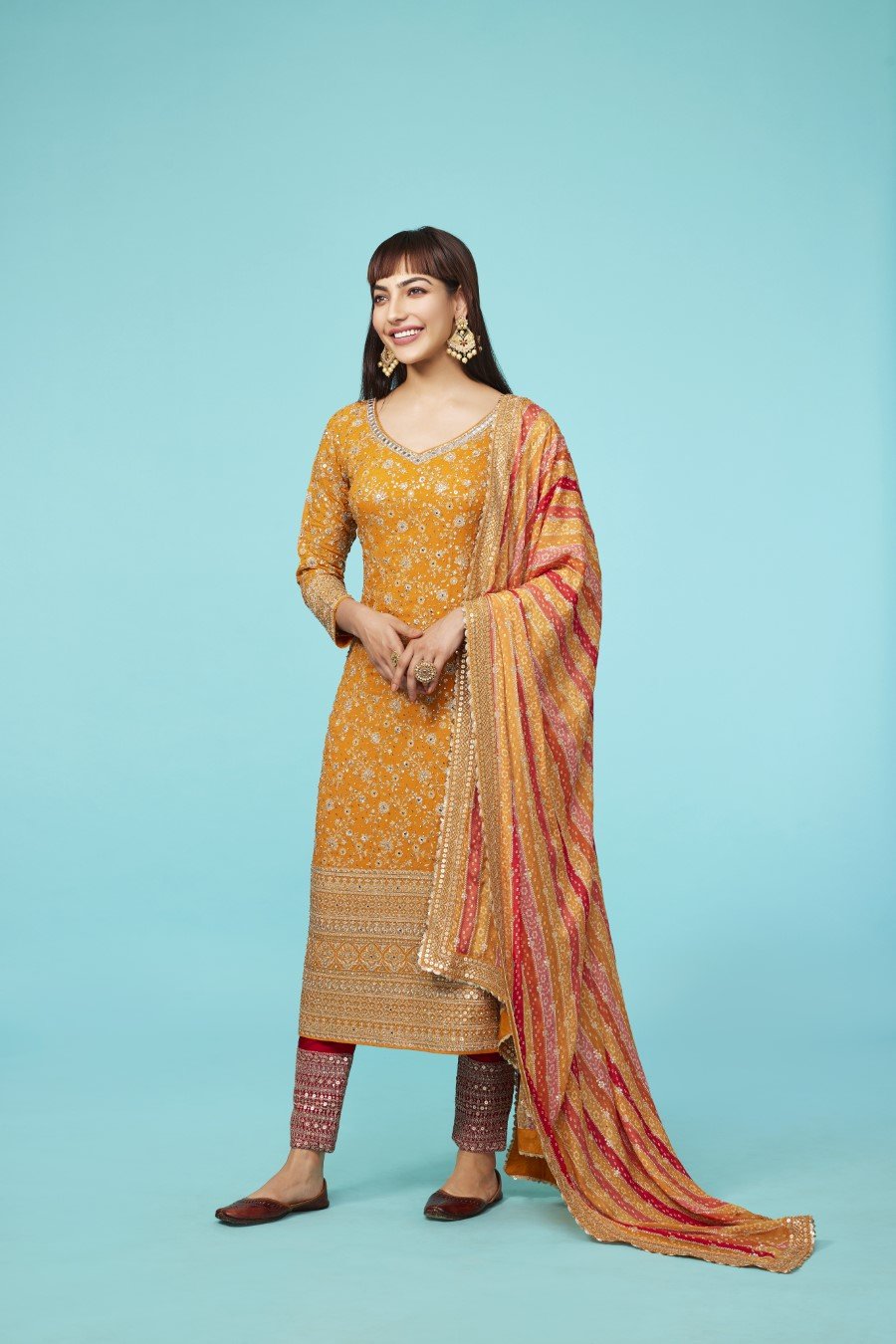 Yellow Embellished Georgette Silk Kurta Set