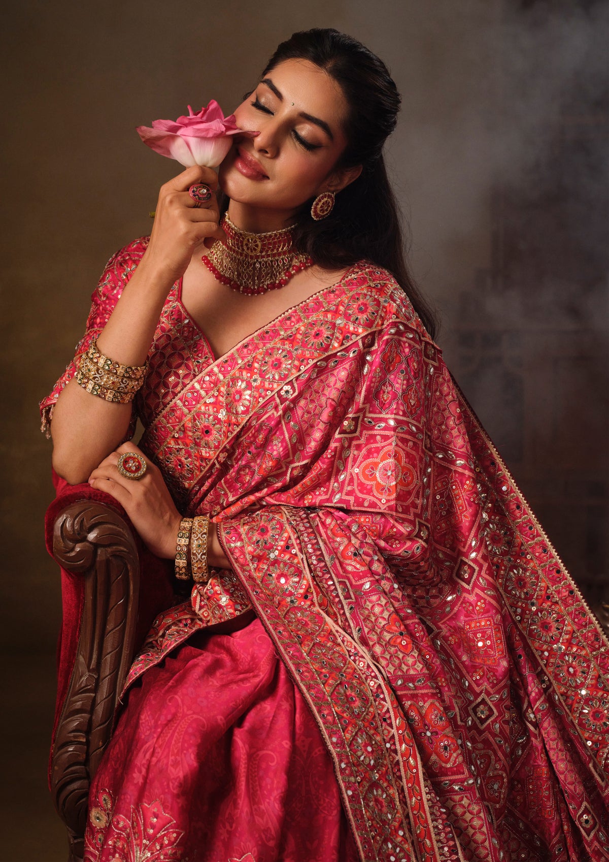 Rani Pink Khatli-Embroidered Natural Crepe Saree