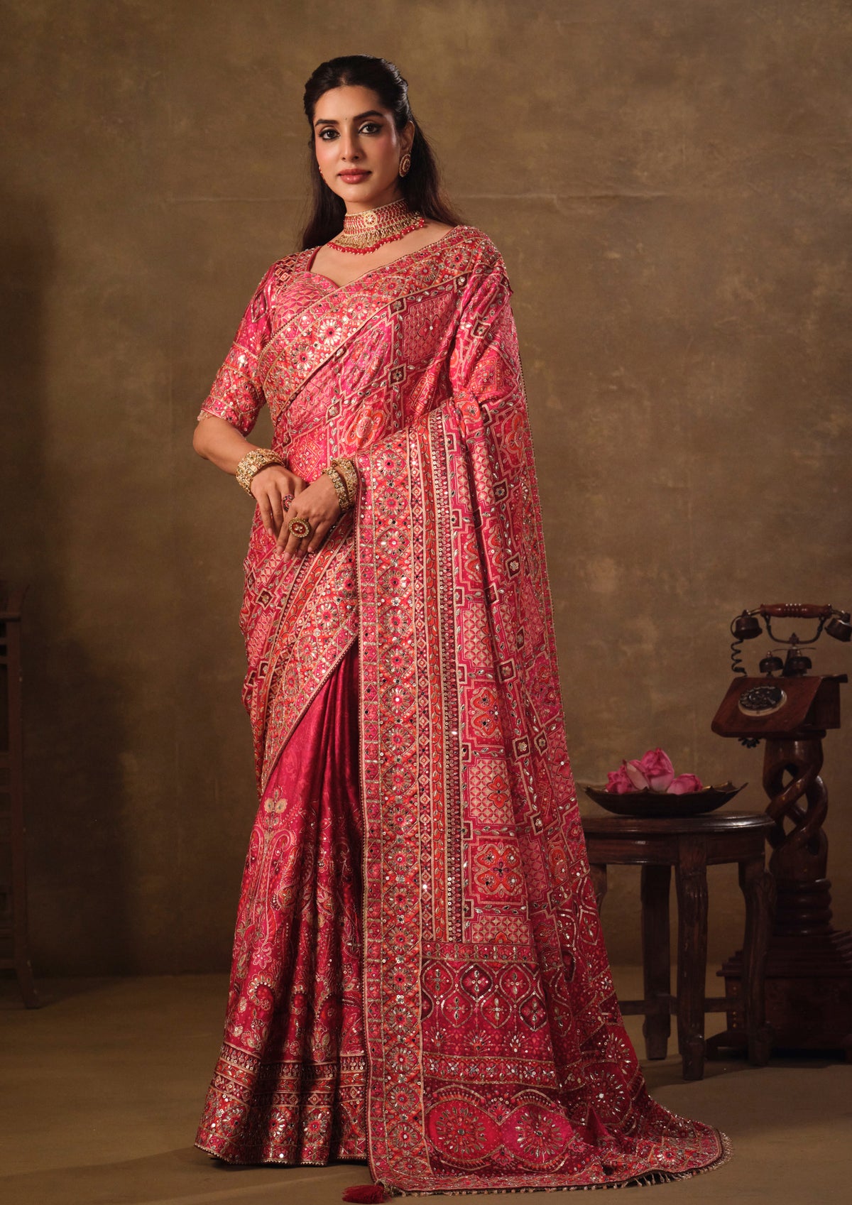 Rani Pink Khatli-Embroidered Natural Crepe Saree