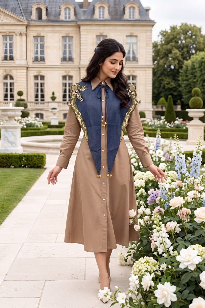 Beige Denim Embroidered Cotton Midi Dress