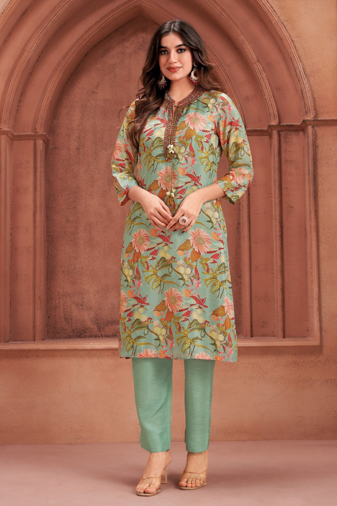 Teal Floral Printed Raw Silk Kurta Pant Set