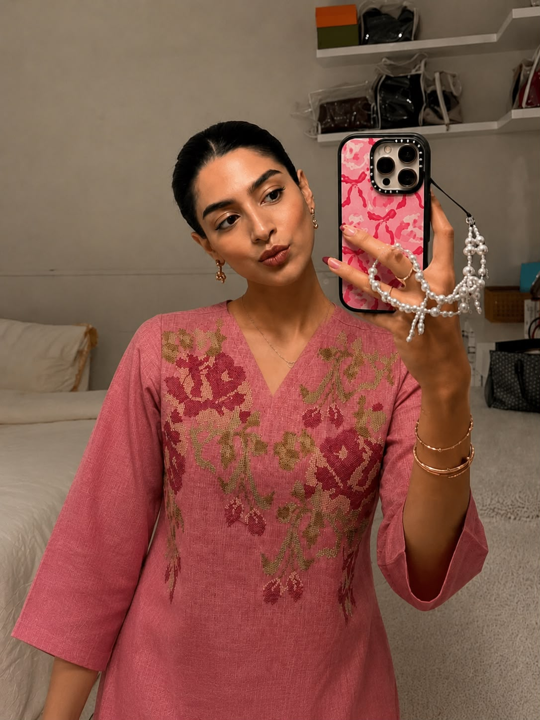 Dusty Rose Pink Embroidered Linen Kurta Set
