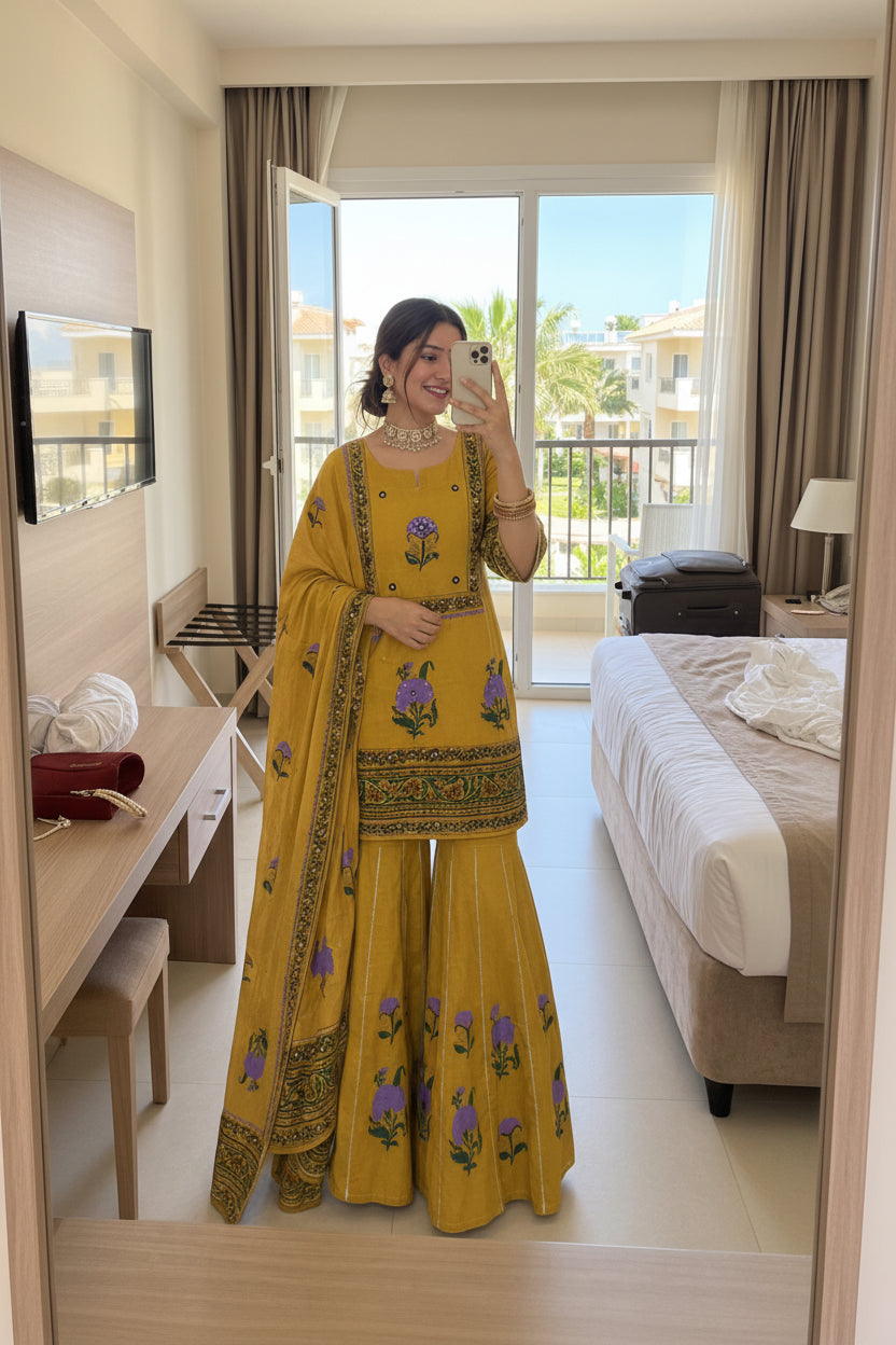 Yellow Mustard Printed Pure Mulmul Sharara Set