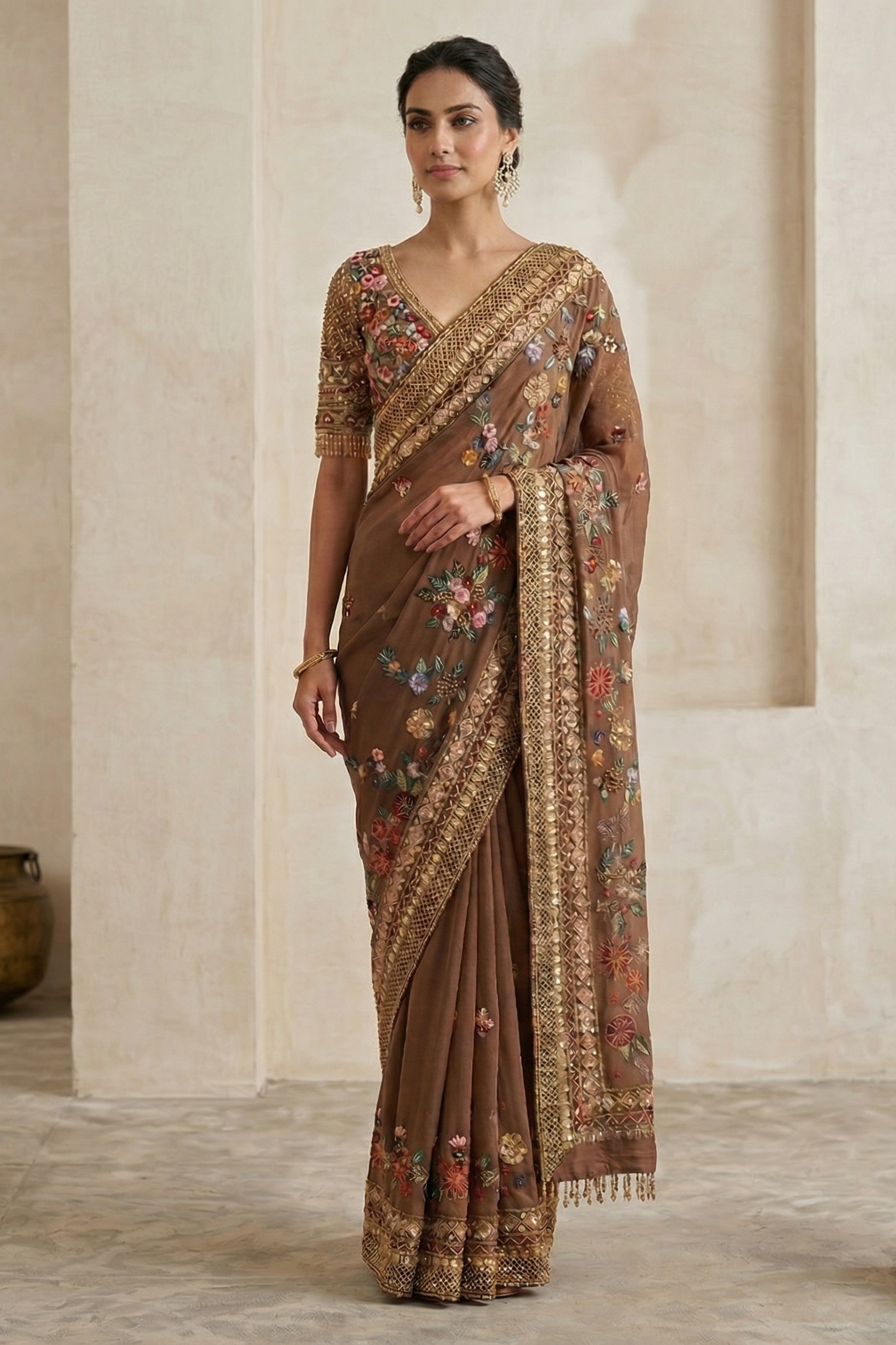 Mocha Blossom Embellished Premium Georgette Saree