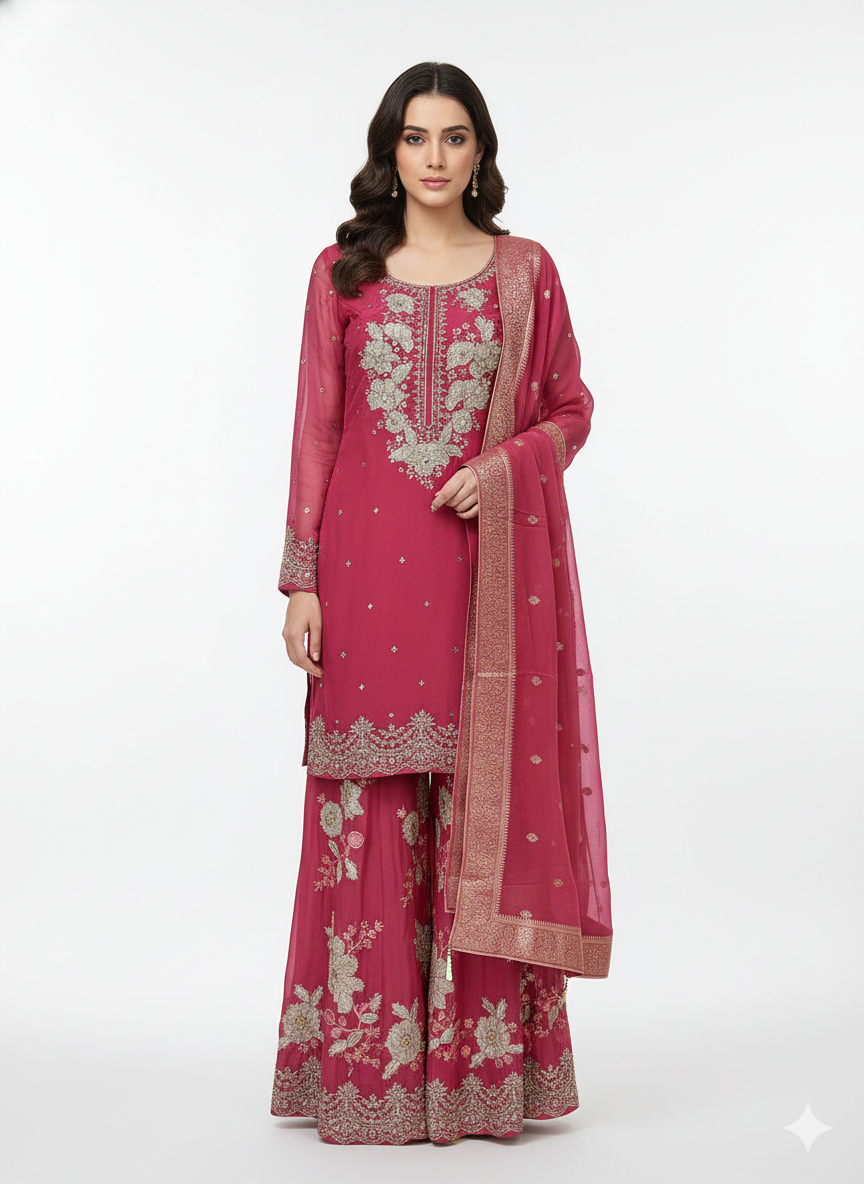 Ruby Pink Embellished Georgette Silk Palazzo set