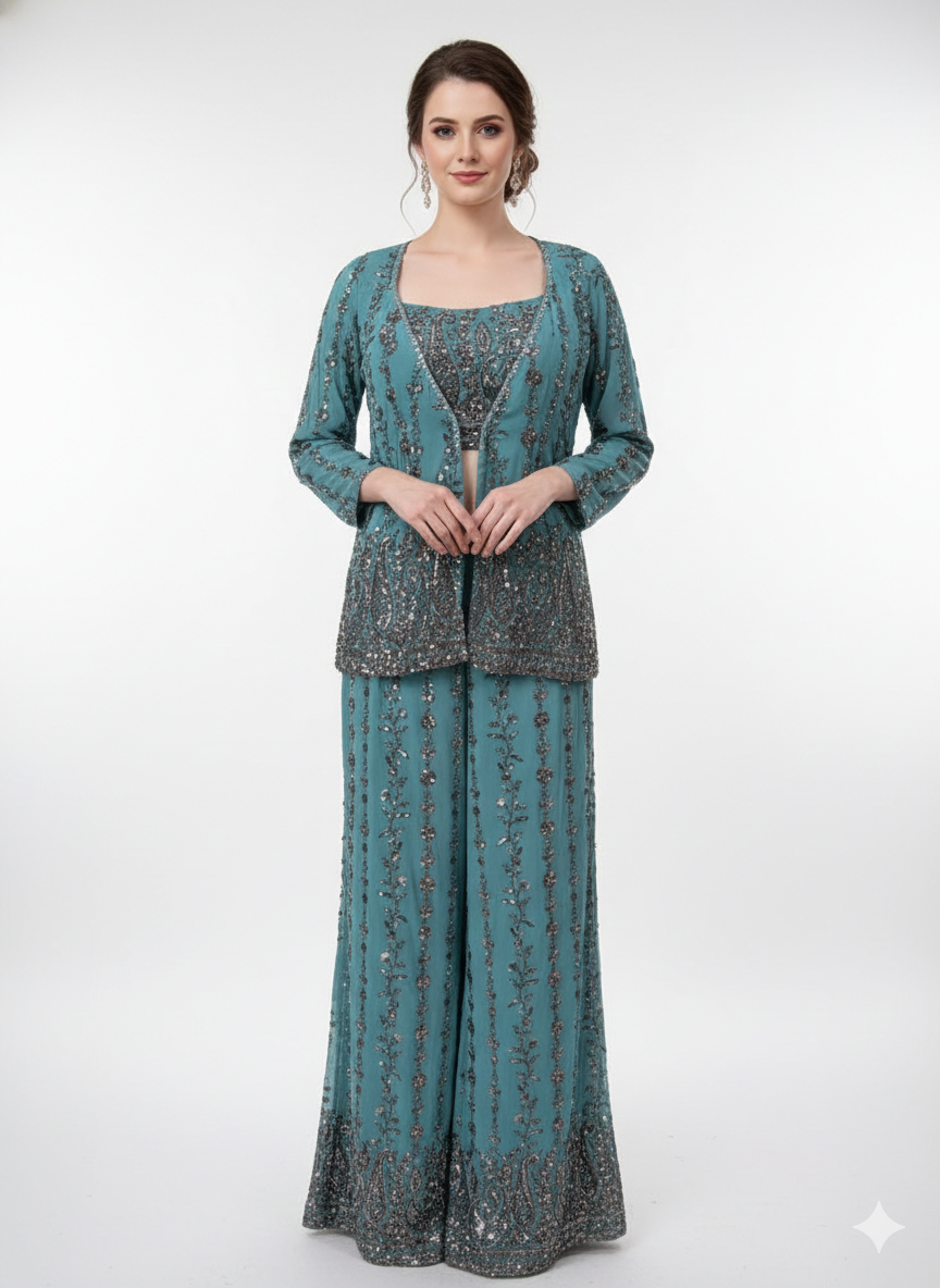 Teal Embellished Georgette Silk Palazzo set