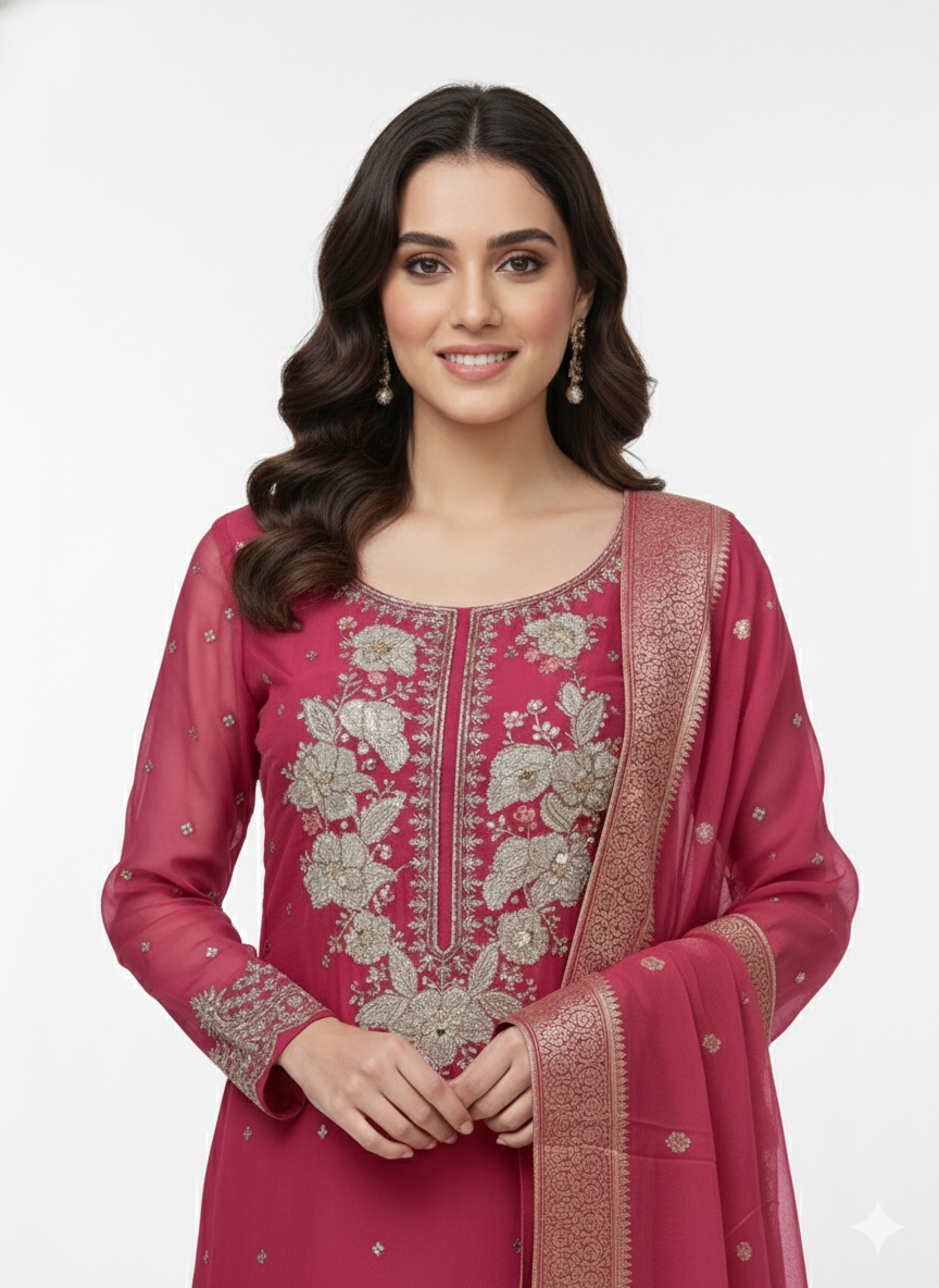 Ruby Pink Embellished Georgette Silk Palazzo set