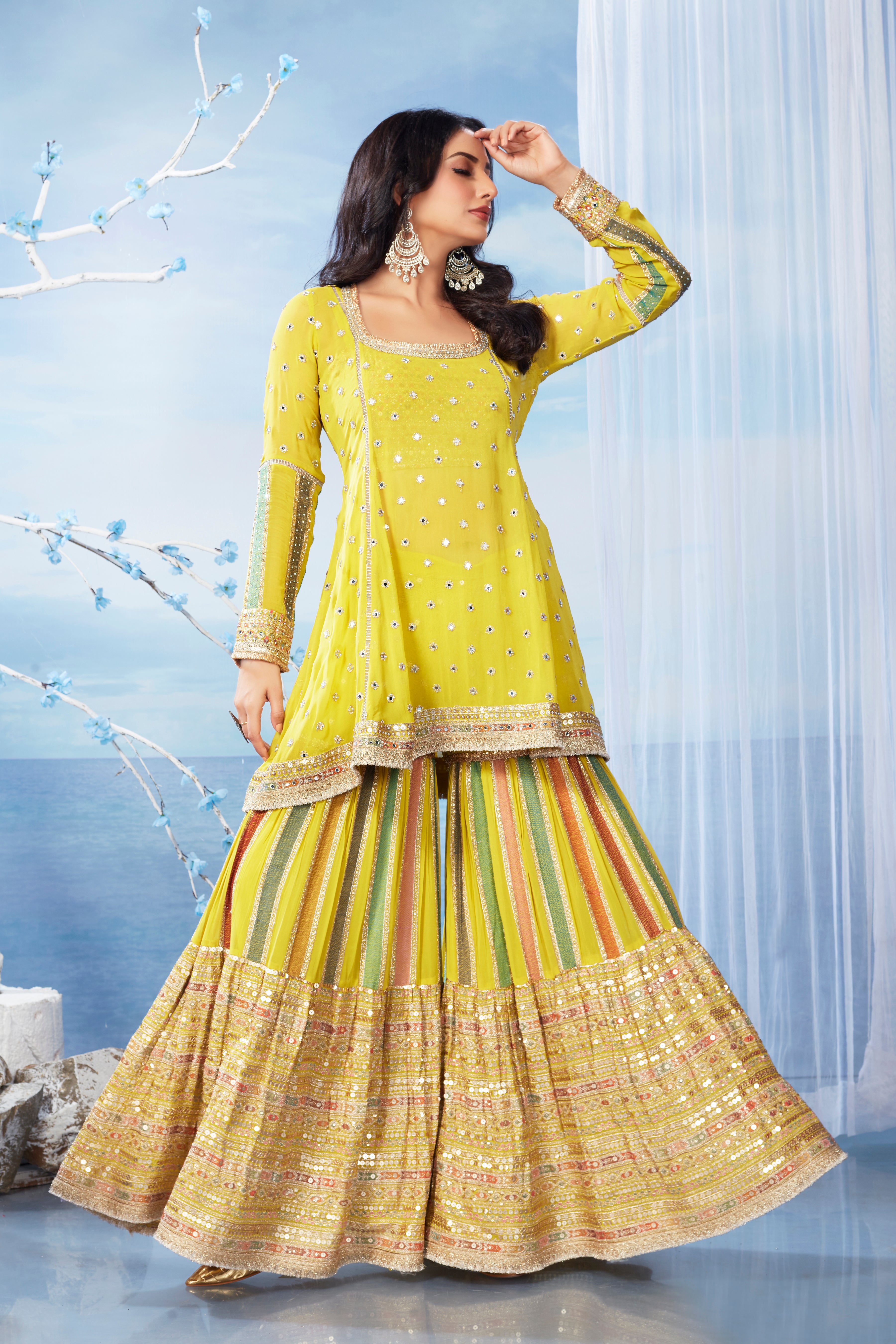 Mustard Yellow Embellished Premium Silk Sharara Set