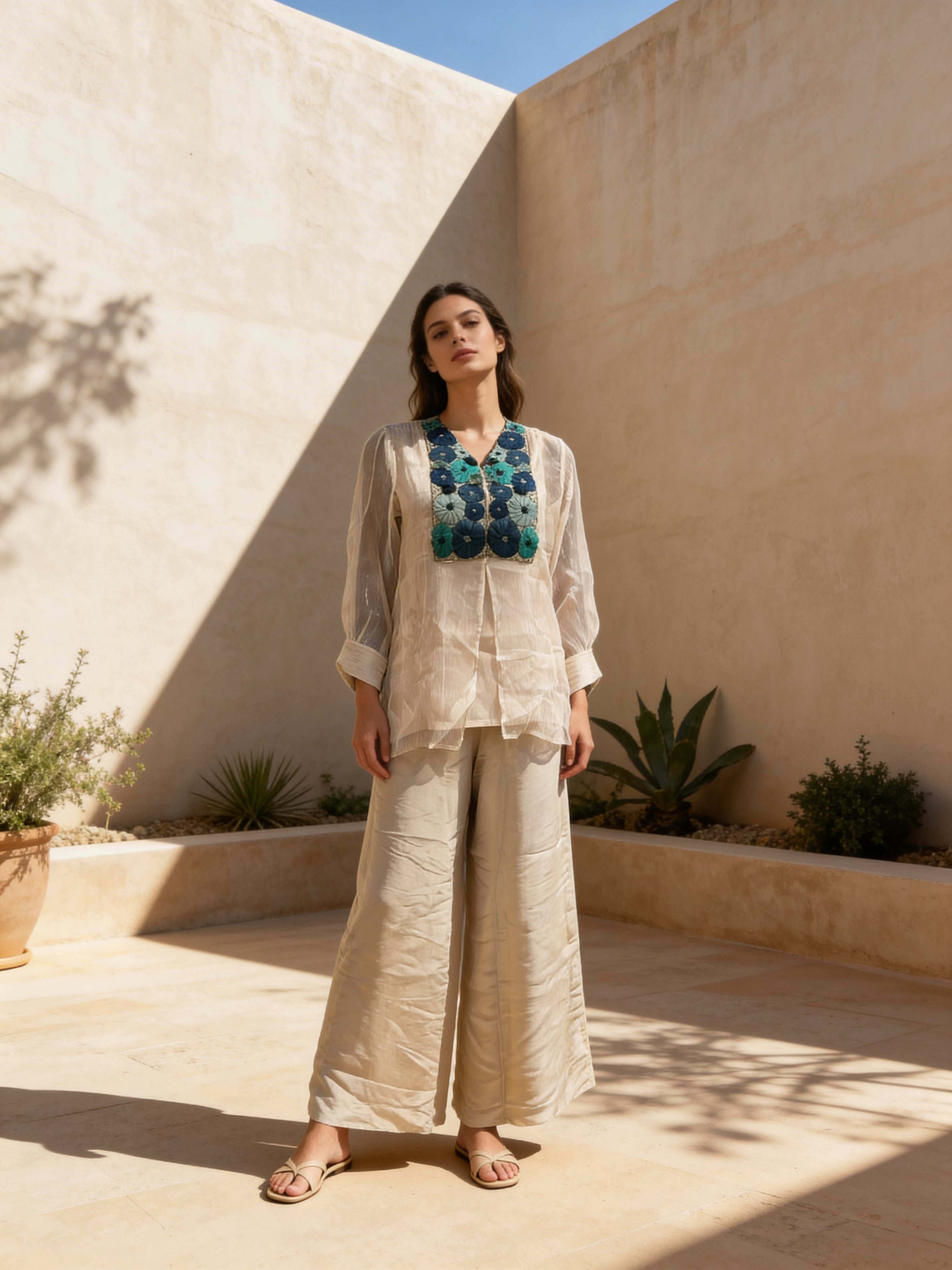 Pearl White Embroidered Shimmer Organza Silk Co-Ord Set