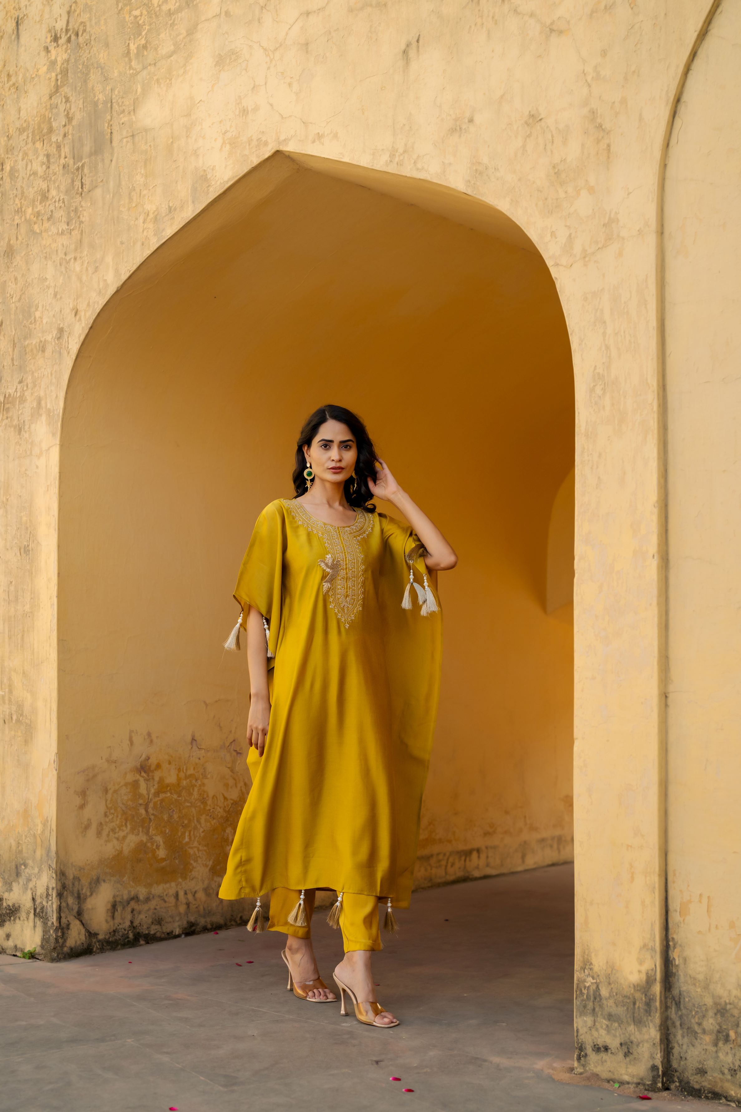 Golden Yellow Embellished Premium Silk Kaftan Set