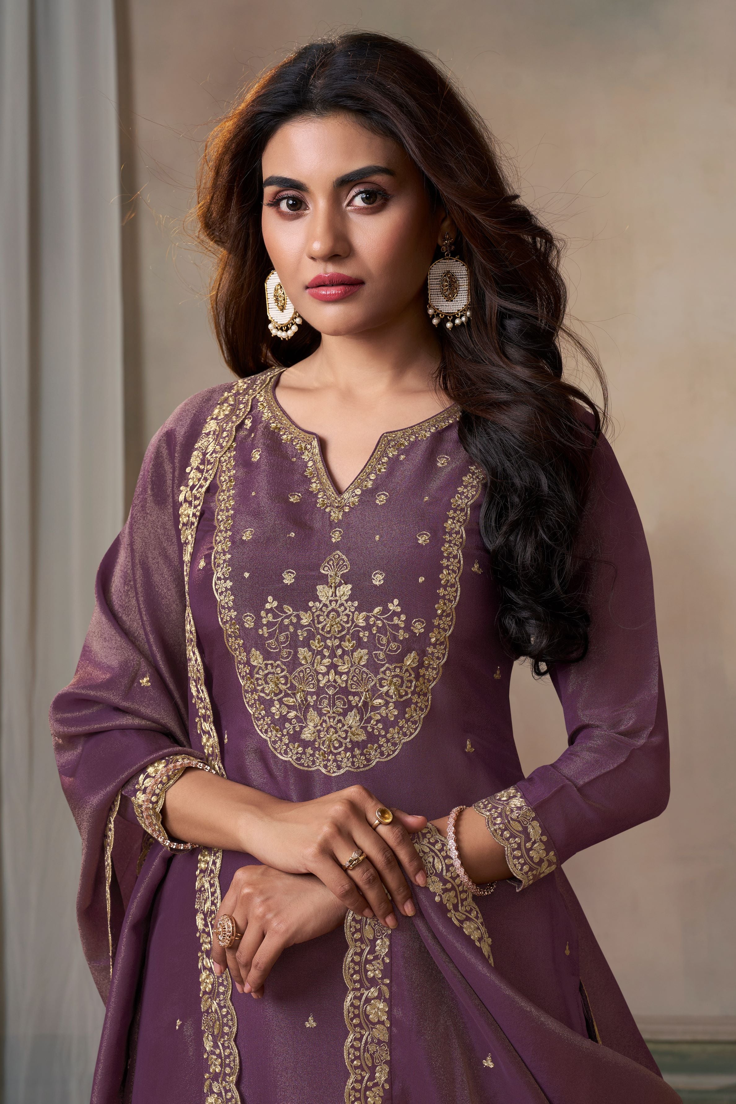 Wine Banarasi Tissue Silk Palazzo Set