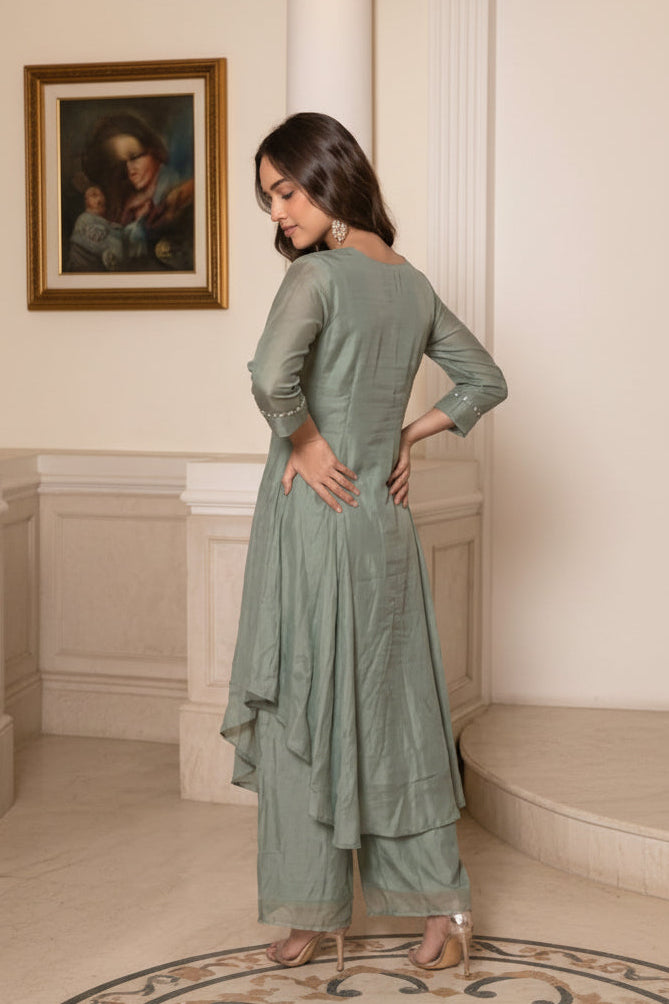 Frost Green Embellished Shimmer Organza Silk Palazzo Set