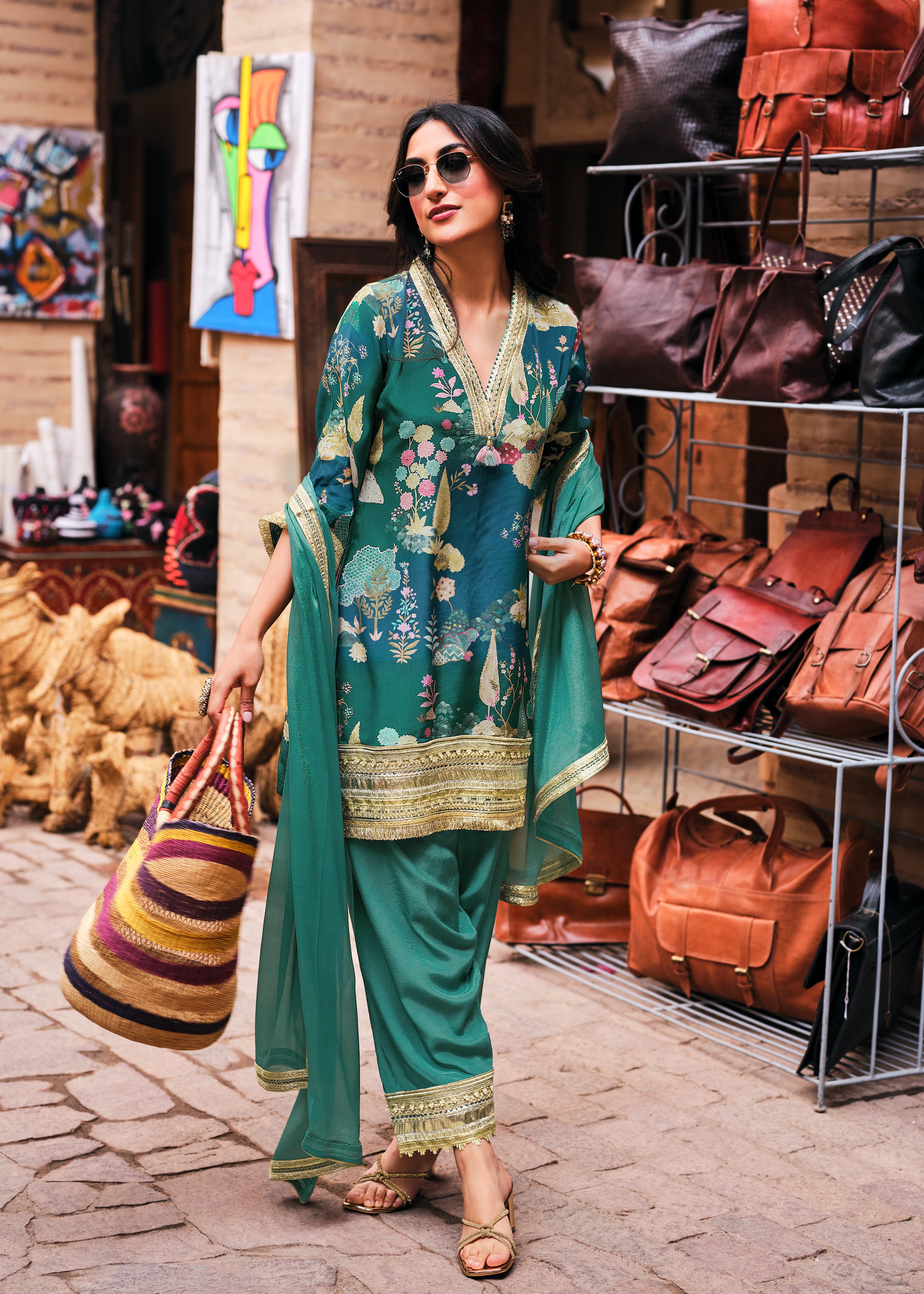 Persian Green Botanical Print Crepe Silk Salwar Suit Set