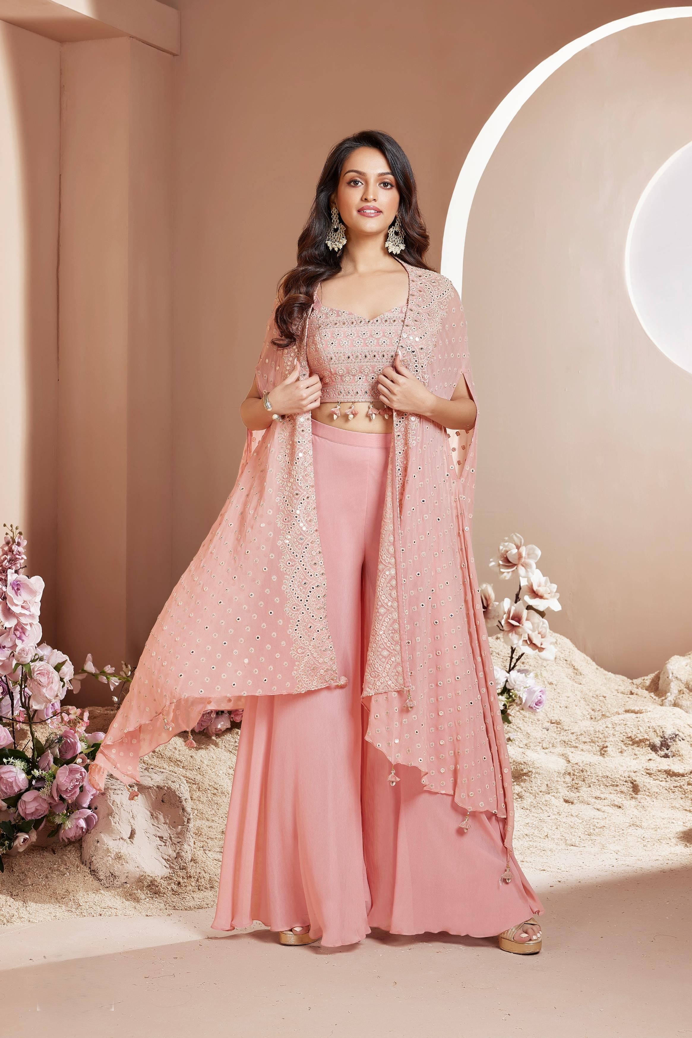 Light Pink Embellished Georgette Silk Cape Set