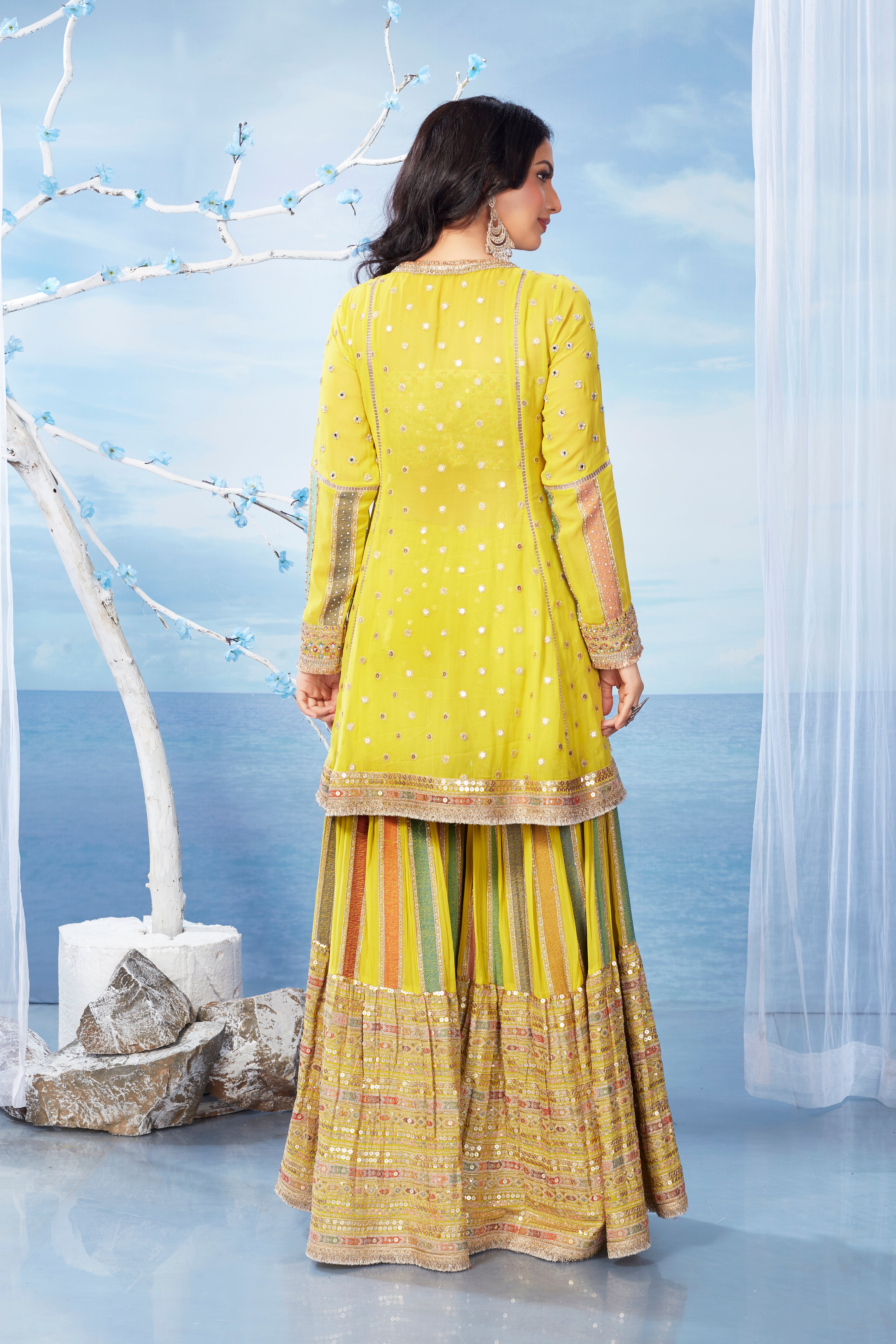 Mustard Yellow Embellished Premium Silk Sharara Set