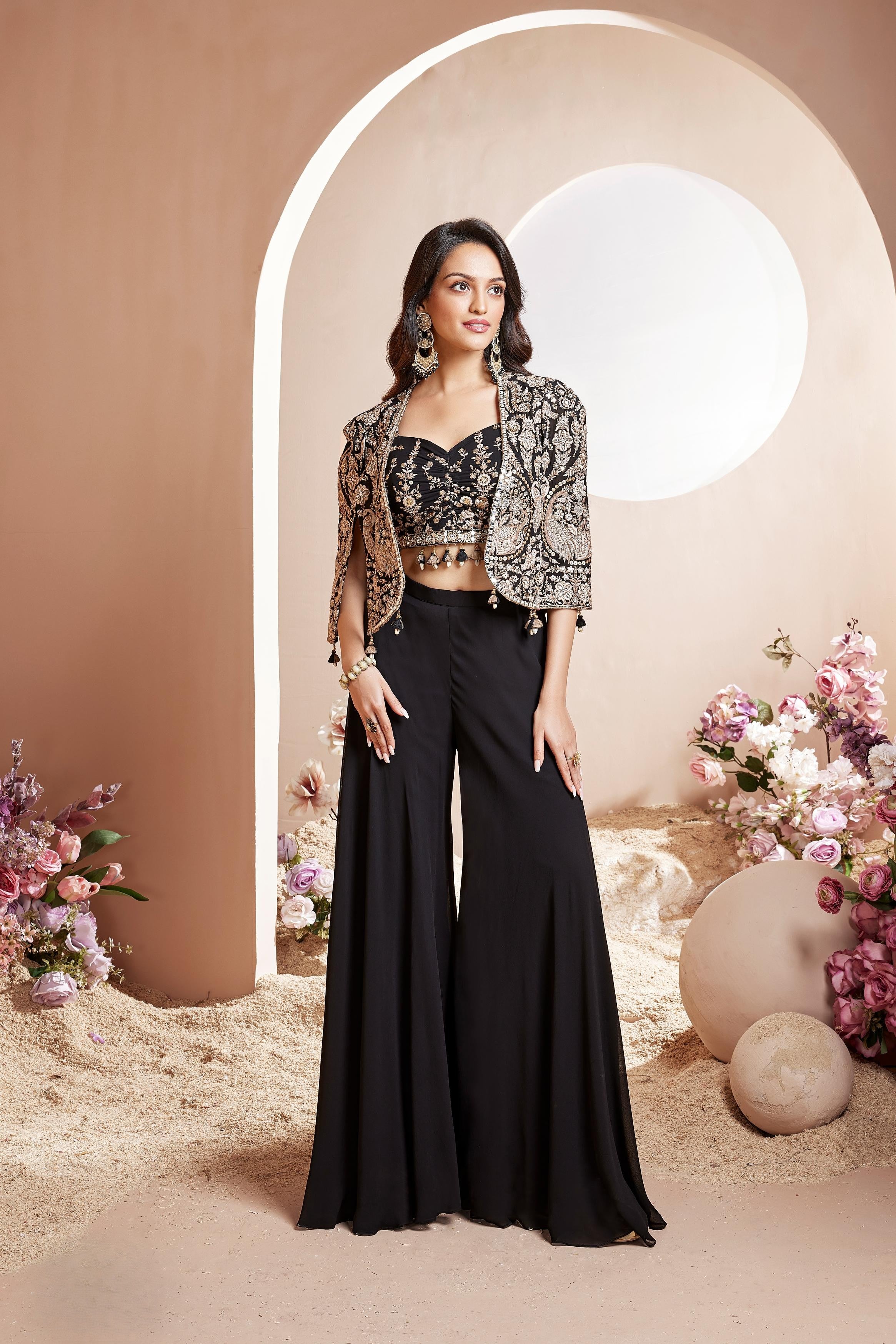 Hot Black Embellished Georgette Silk Cape Set