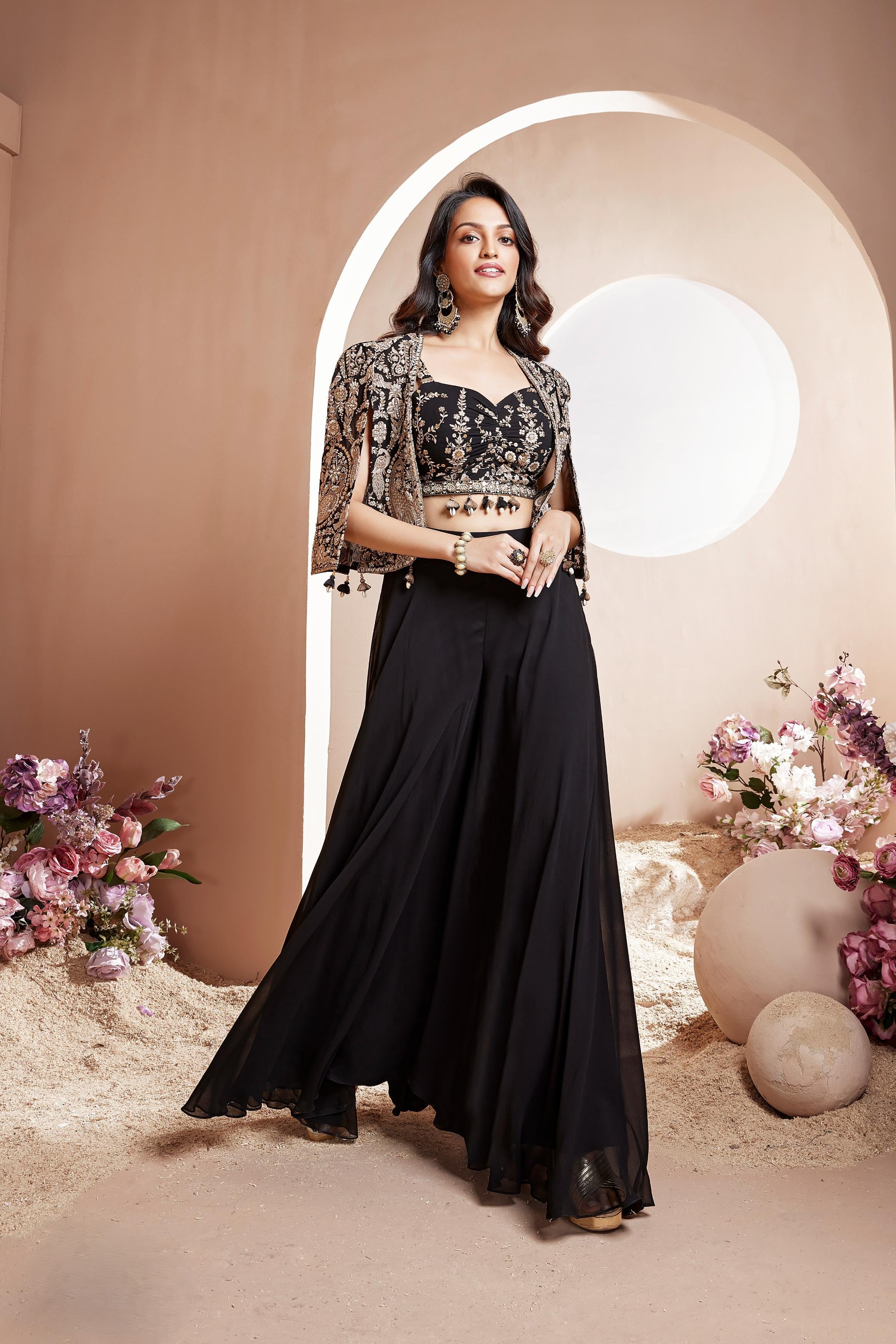 Hot Black Embellished Georgette Silk Cape Set