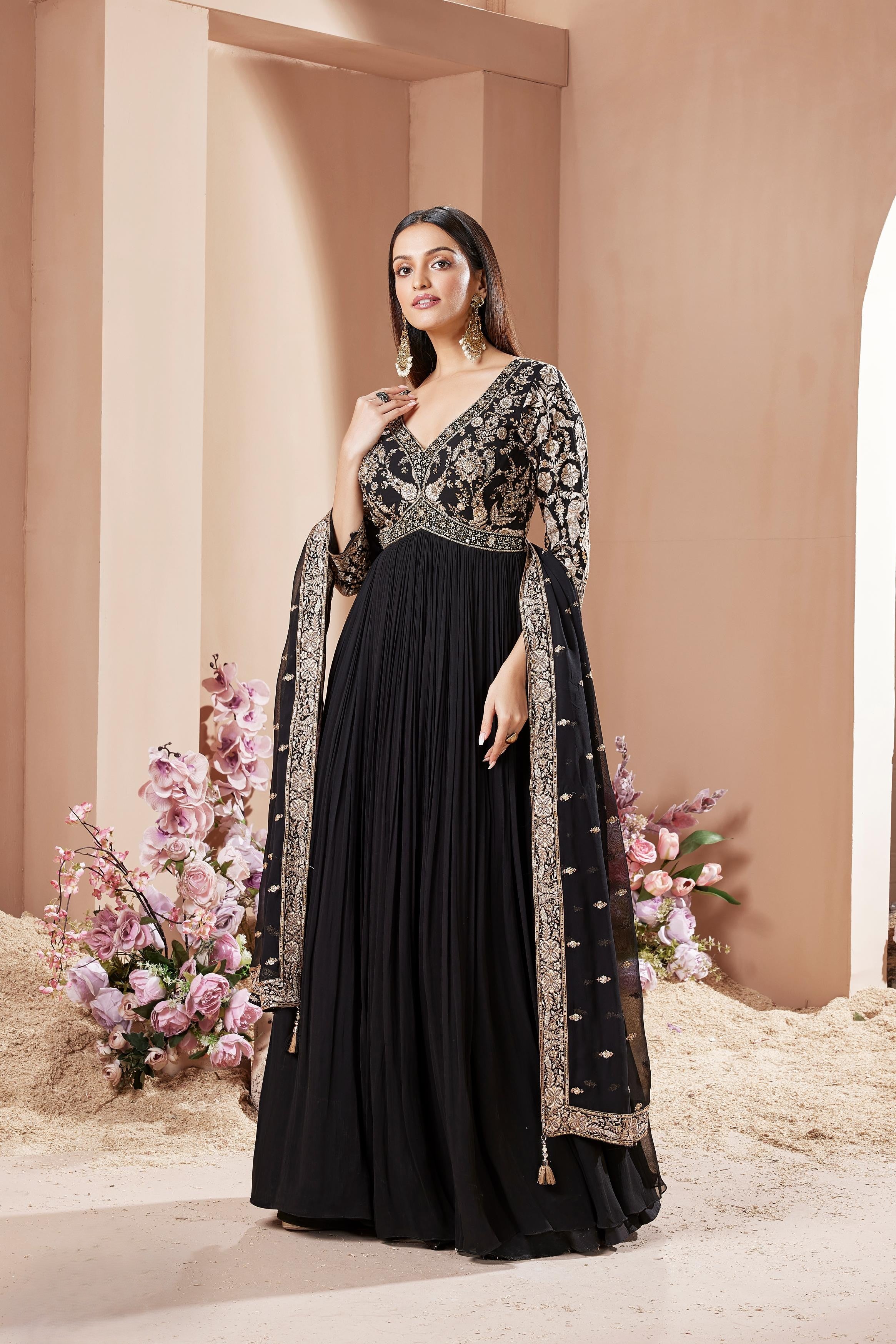 Classic Black Embellished Georgette Silk Anarkali Set