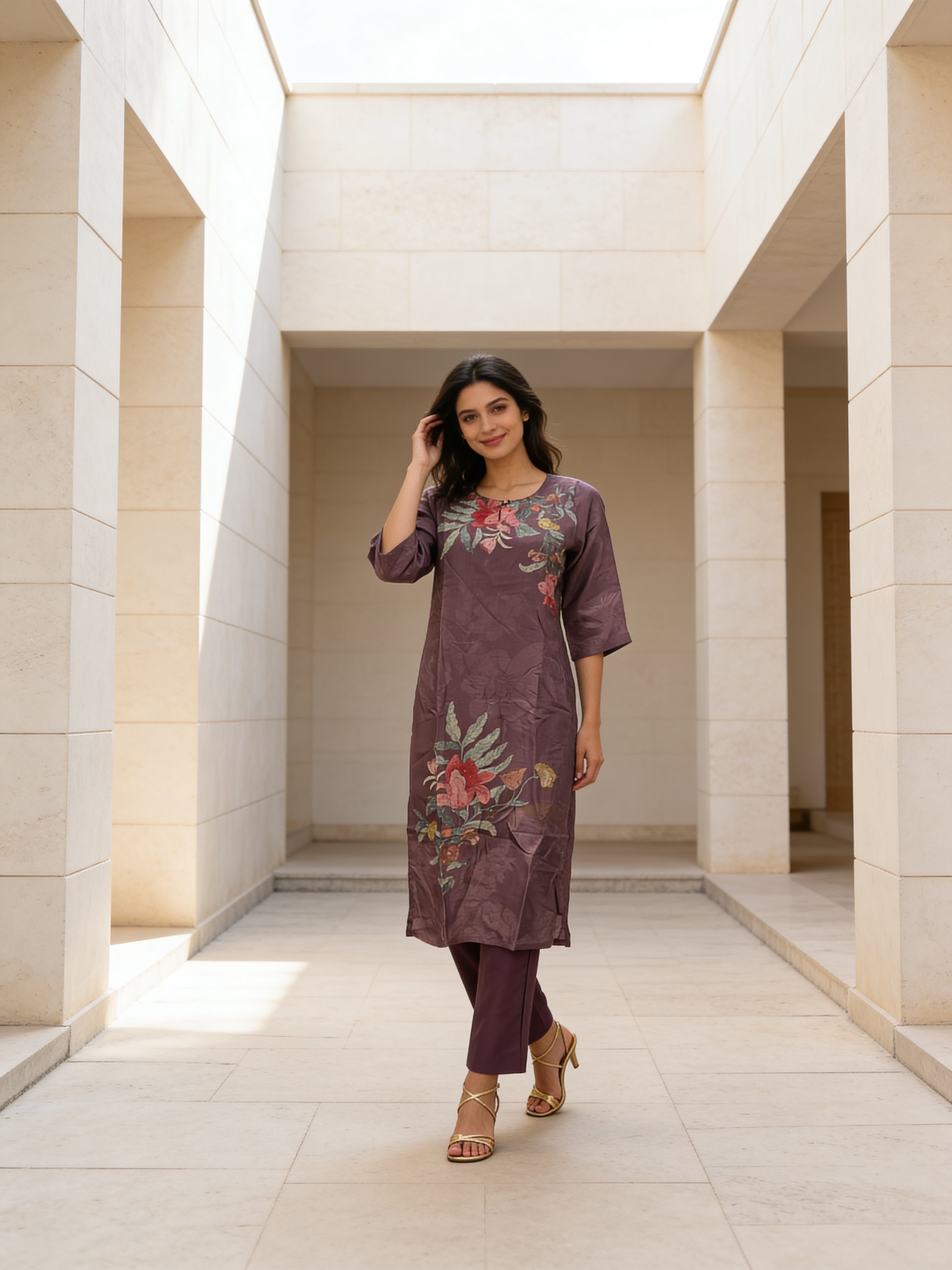 Mauve Printed Crepe Silk Kurta Set
