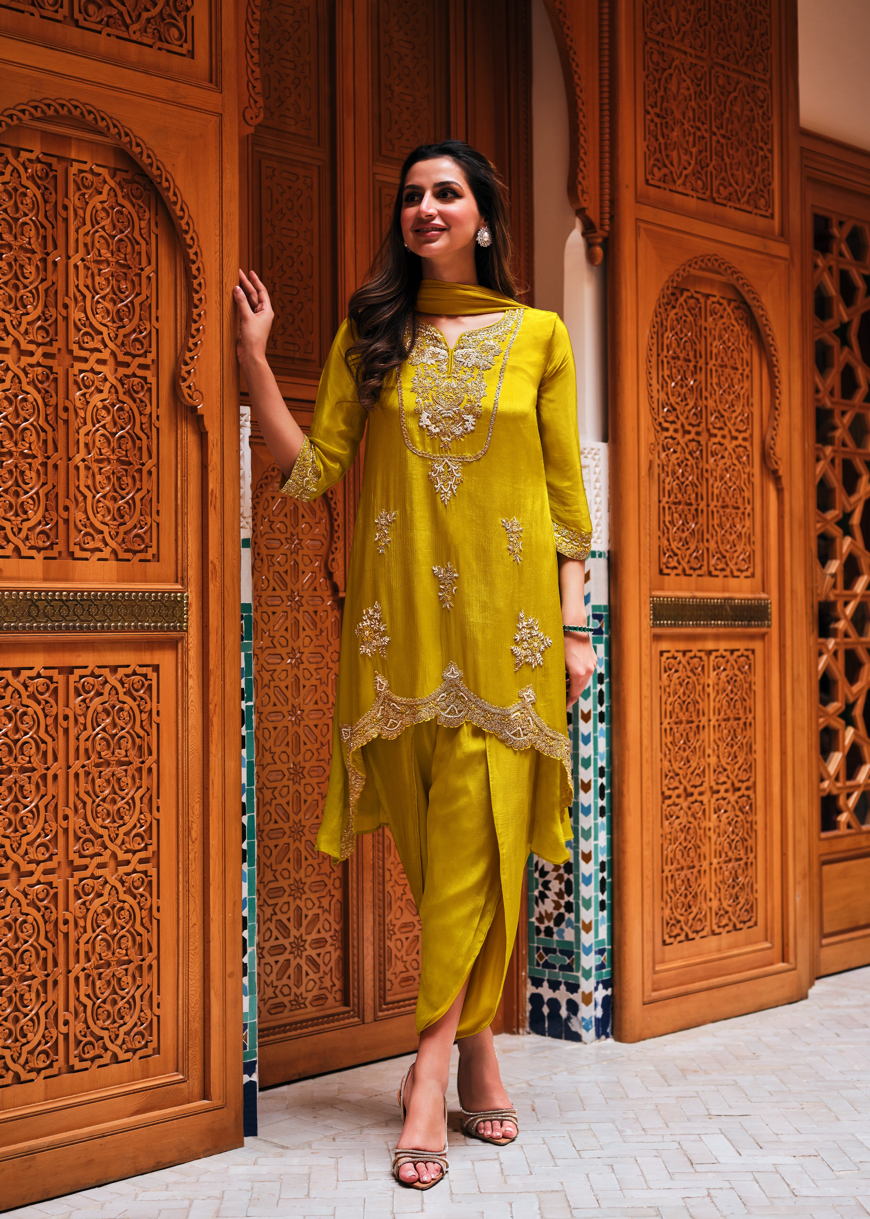 Yellow Embellished Premium Chinon Silk Dhoti Set