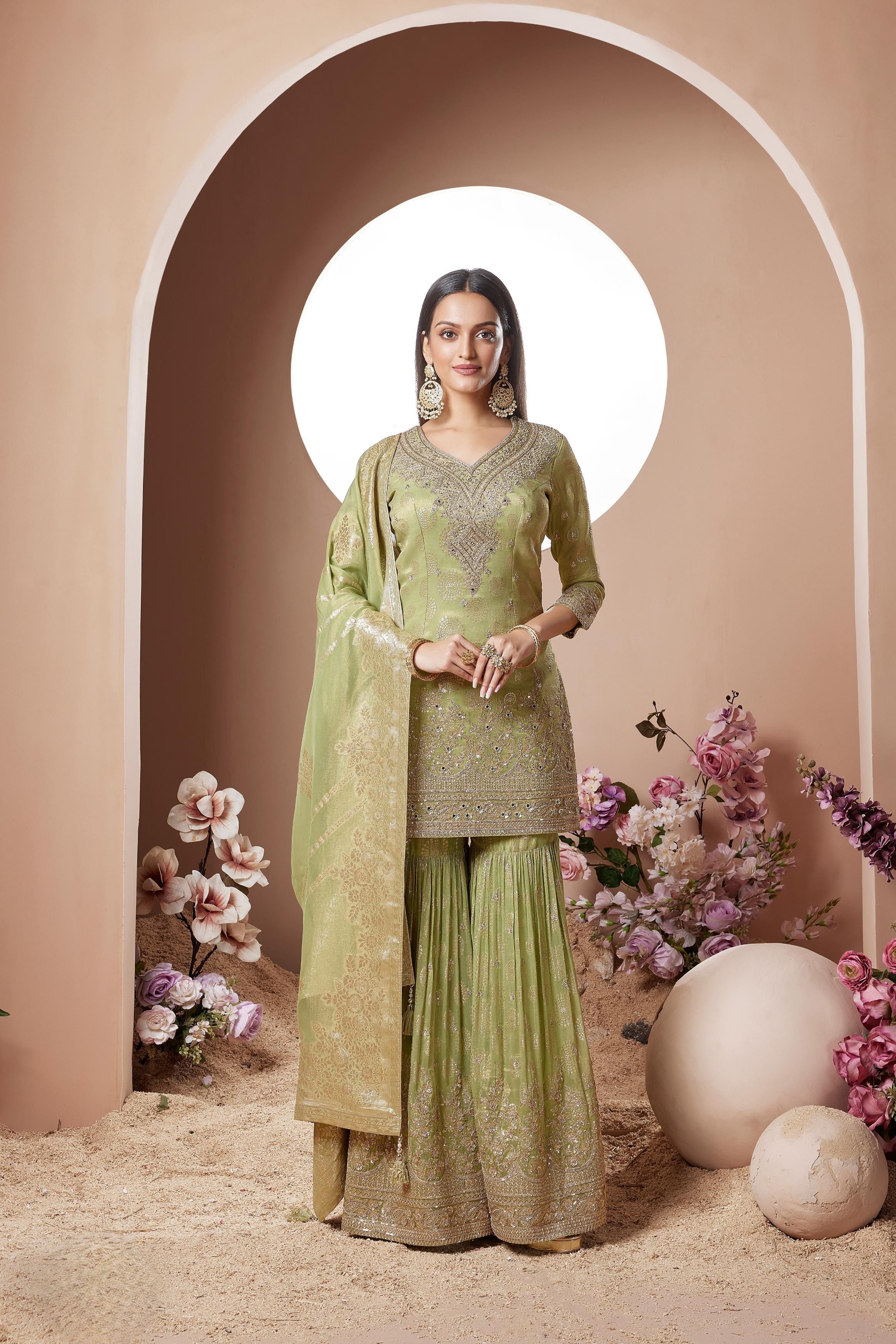 Classic Green Embellished Tissue Glass Silk Sharara Set