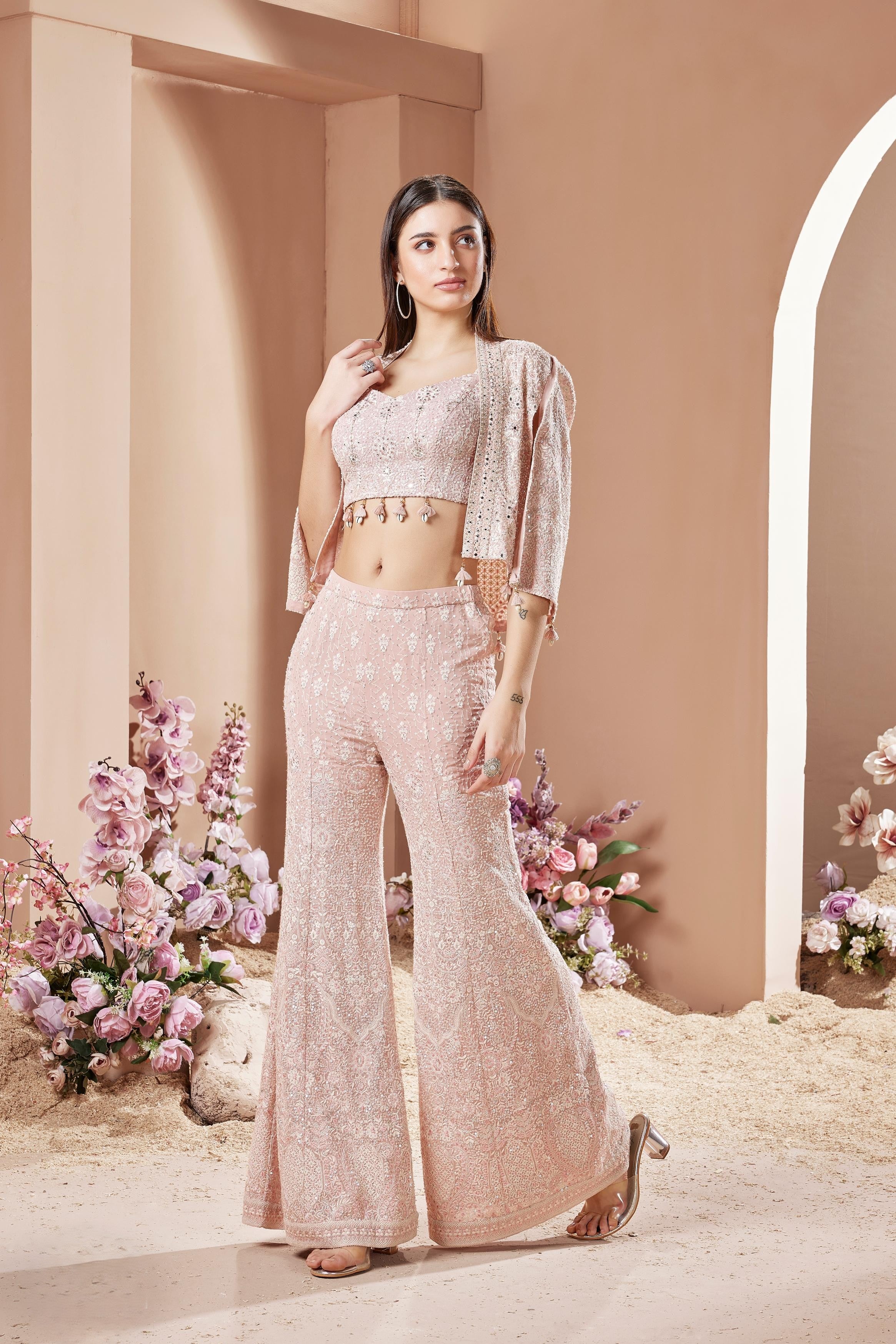 Light Pink Embellished Georgette Silk Palazzo Set