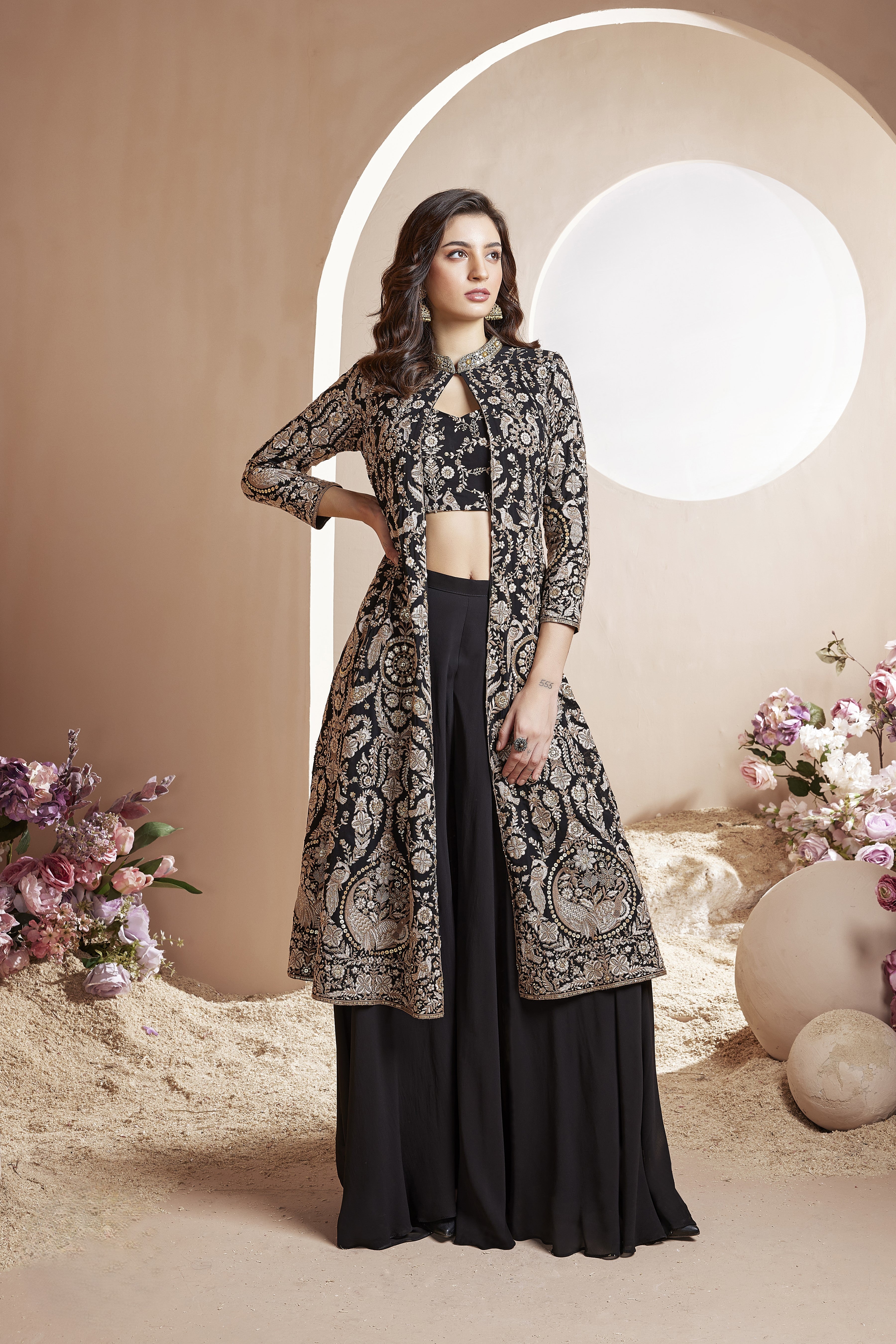 Classic Black Embellished Georgette Silk Cape Set