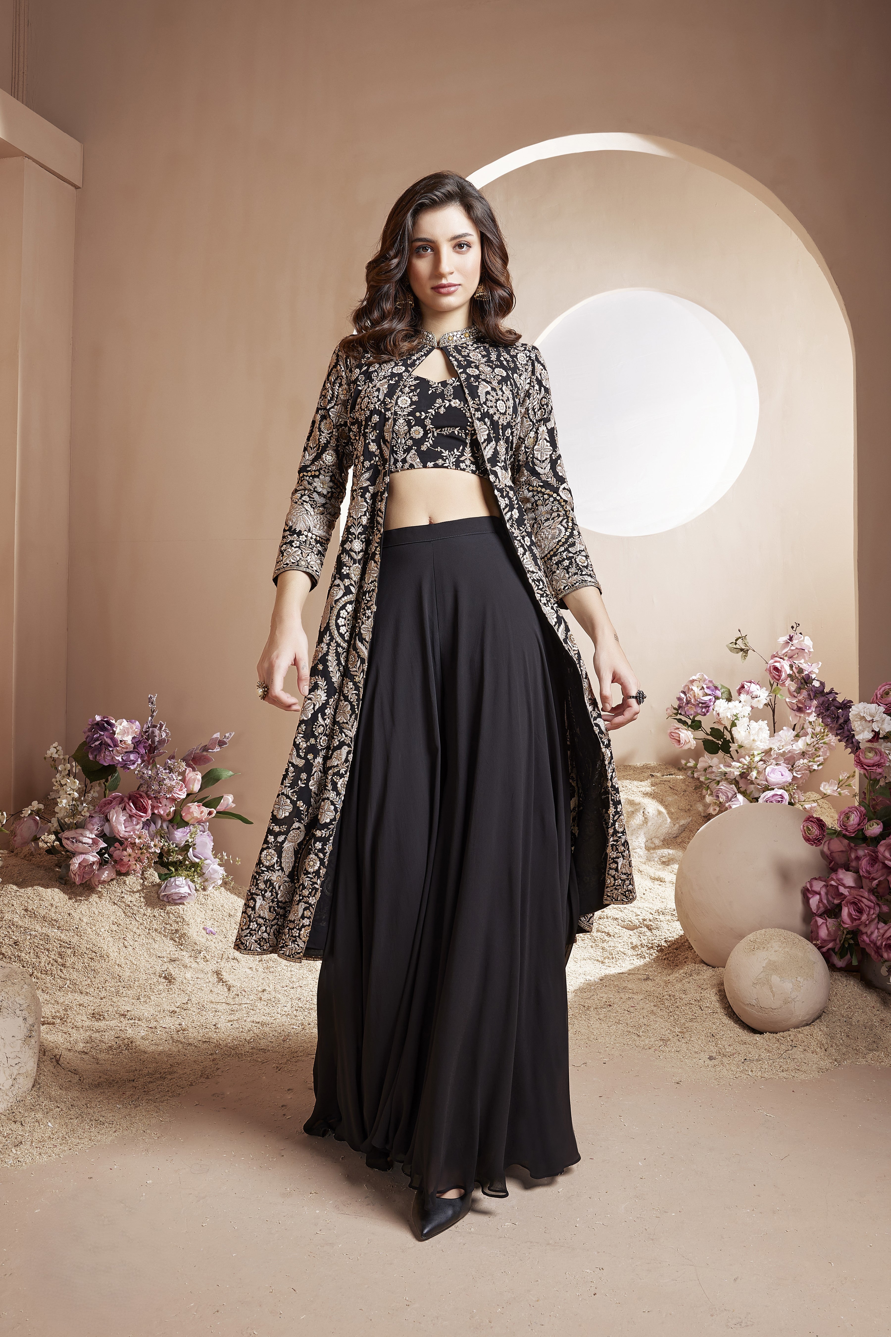 Classic Black Embellished Georgette Silk Cape Set