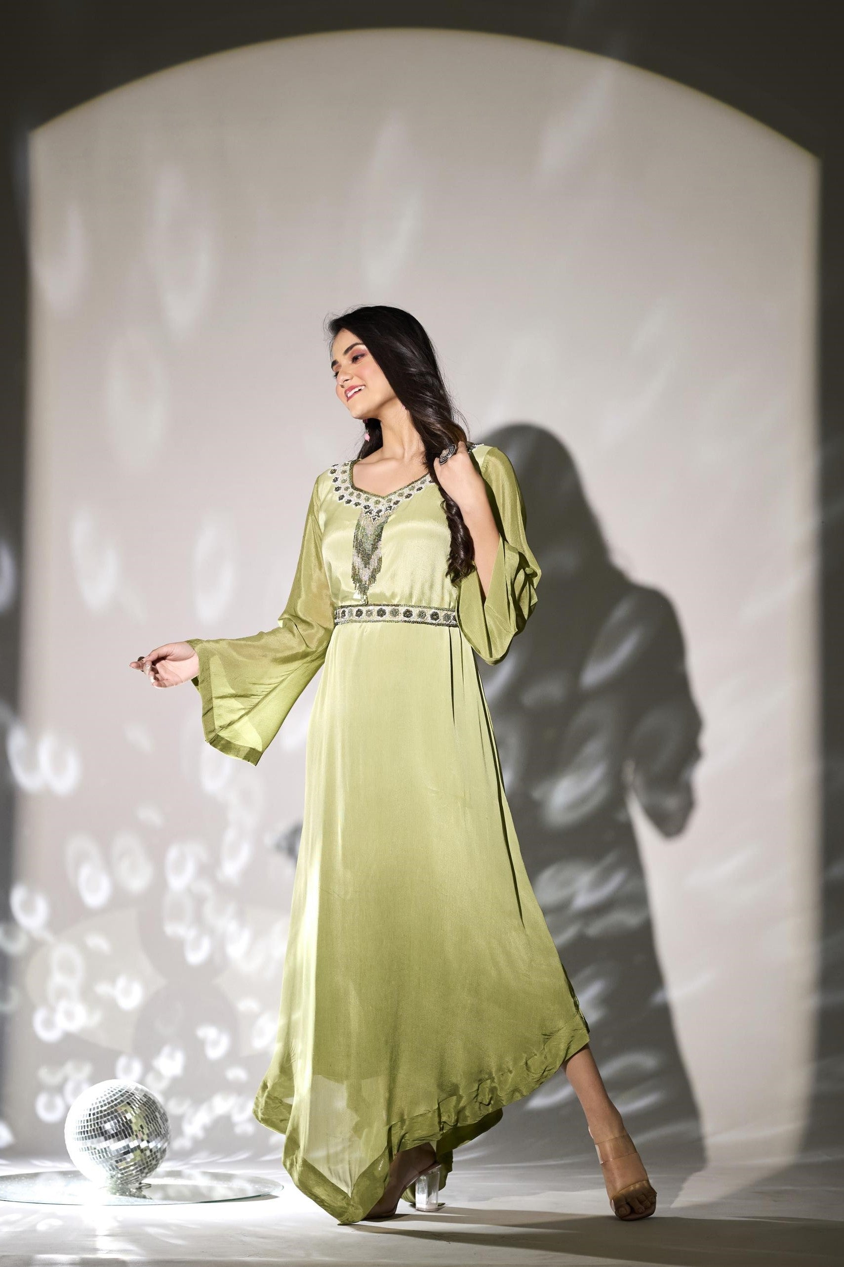 Pastel Green Embellished Premium Chinon Silk Gown