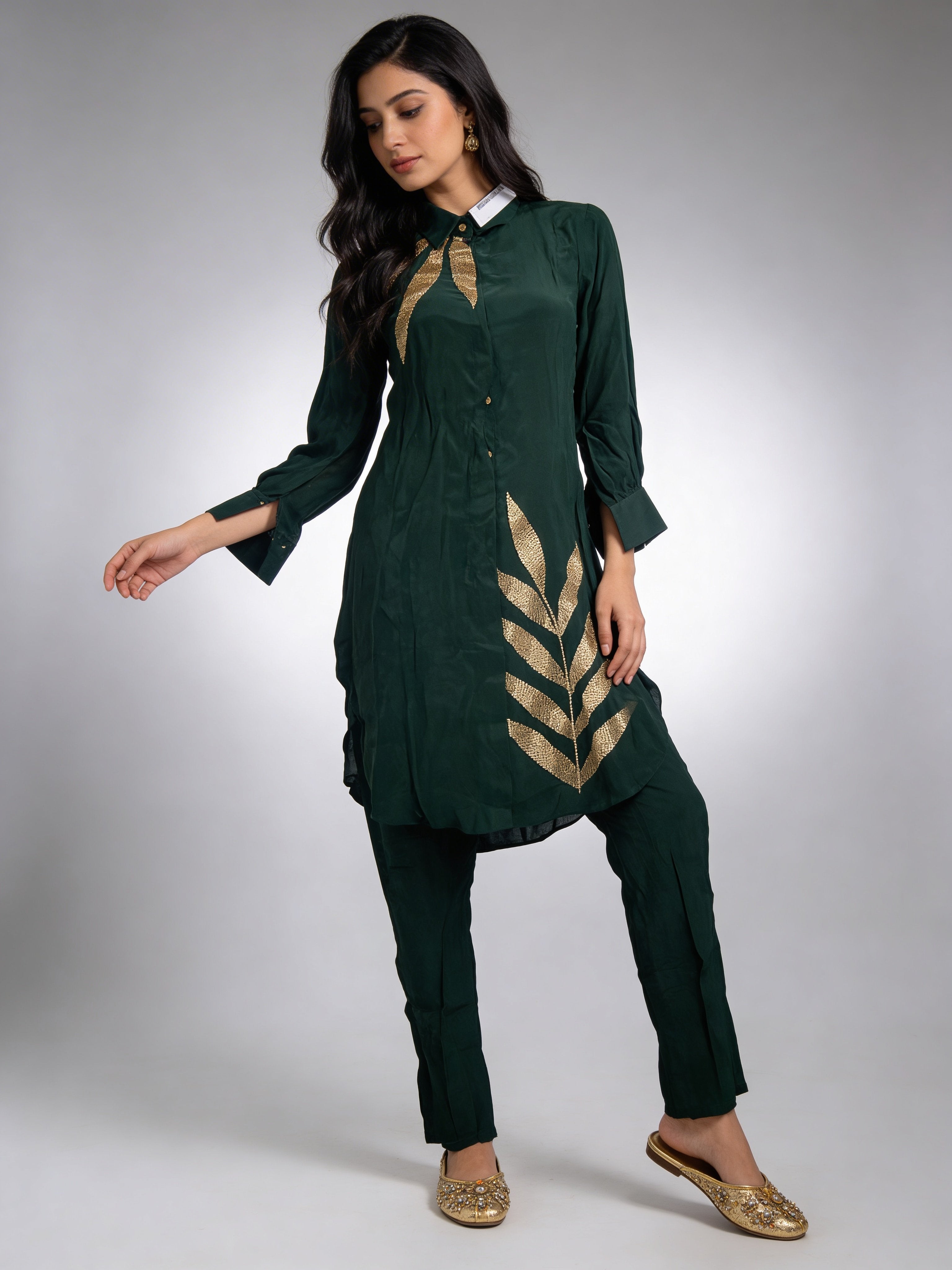 Emerald Green Embellished Crepe Silk Co-Ord Set