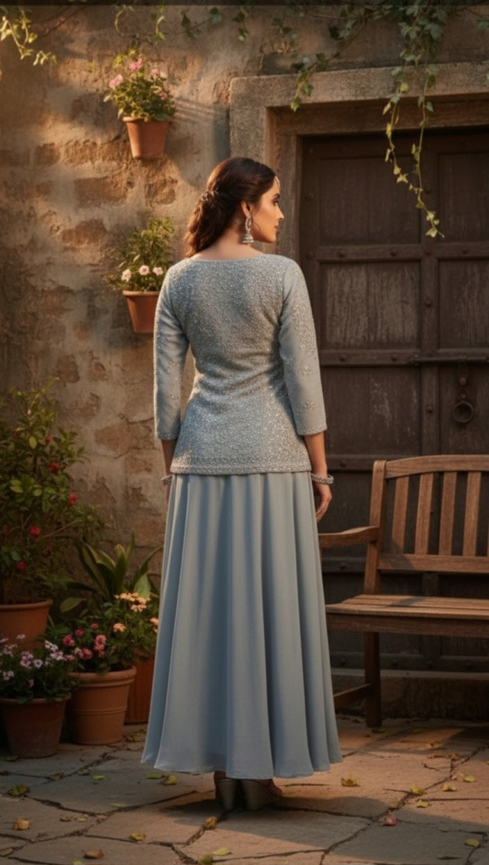 Slate Grey Embellished Georgette Silk Palazzo Set