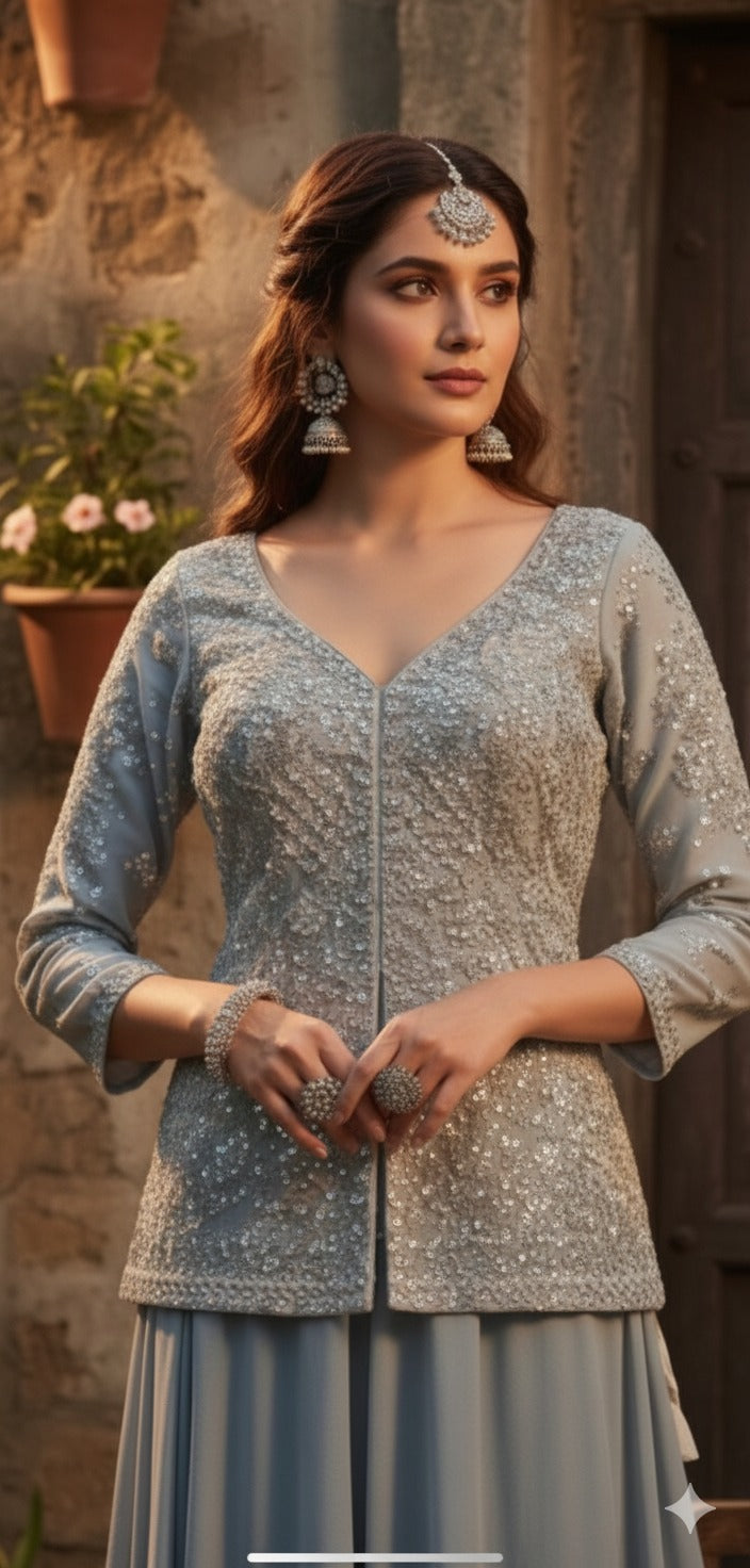 Slate Grey Embellished Georgette Silk Palazzo Set