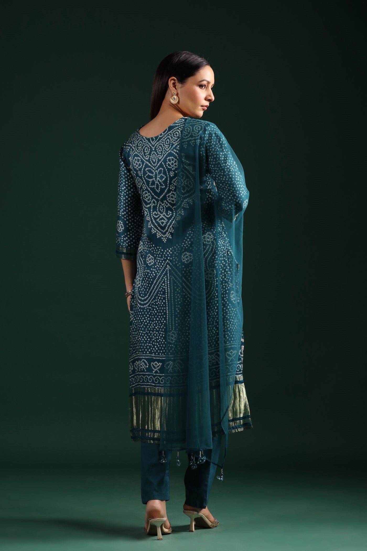 Teal Blue Bandhani Embroidered Kurta Set