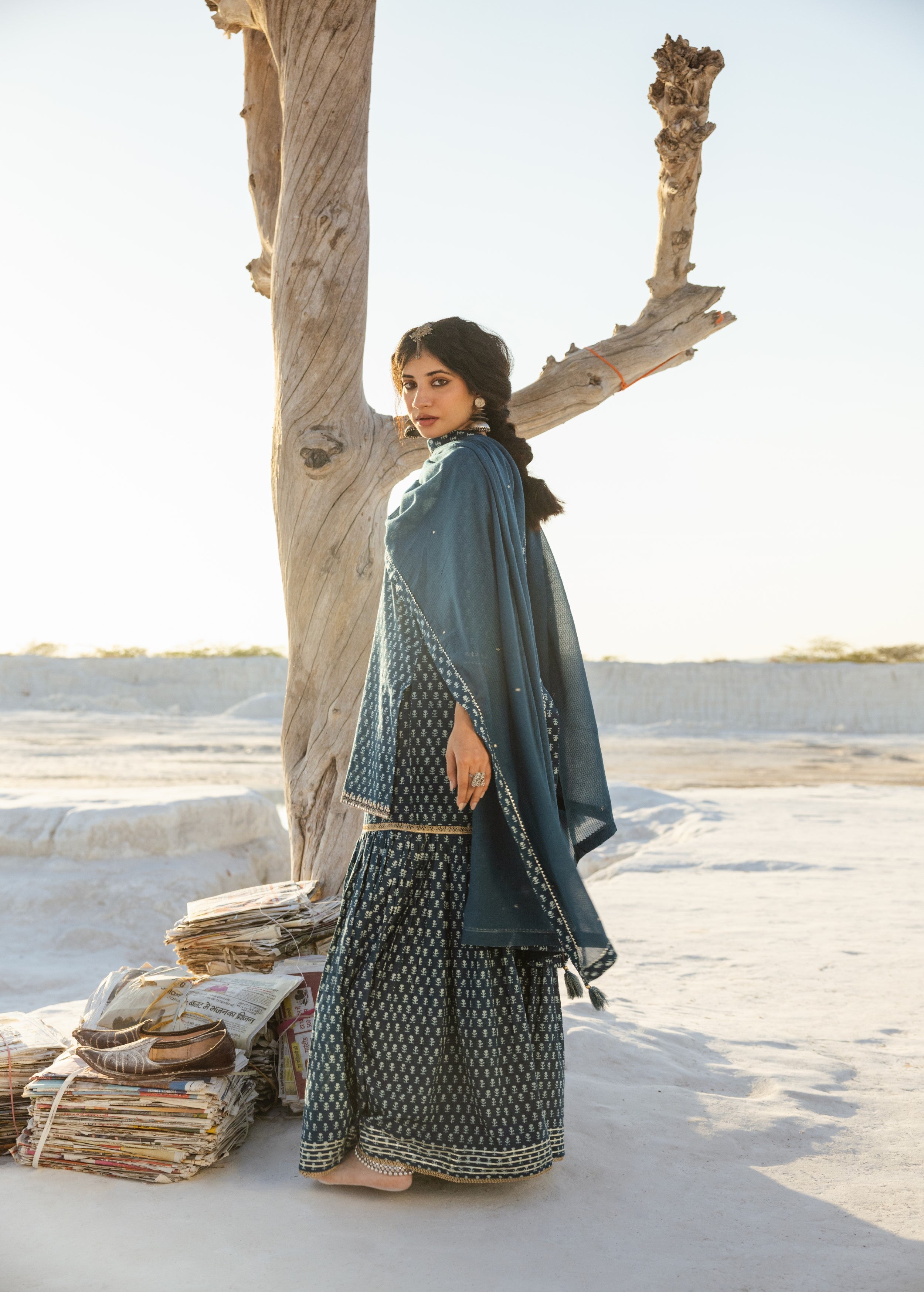 Teal Blue Block Printed Organic Cotton Sharara Set