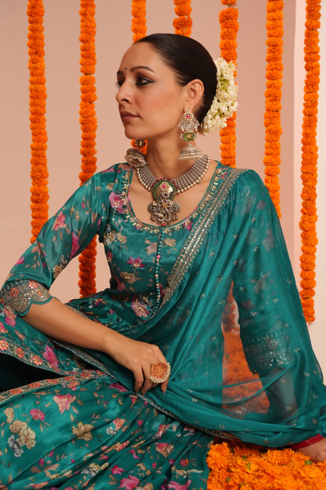 Dark Teal Floral Printed Chinon Silk Anarkali Set