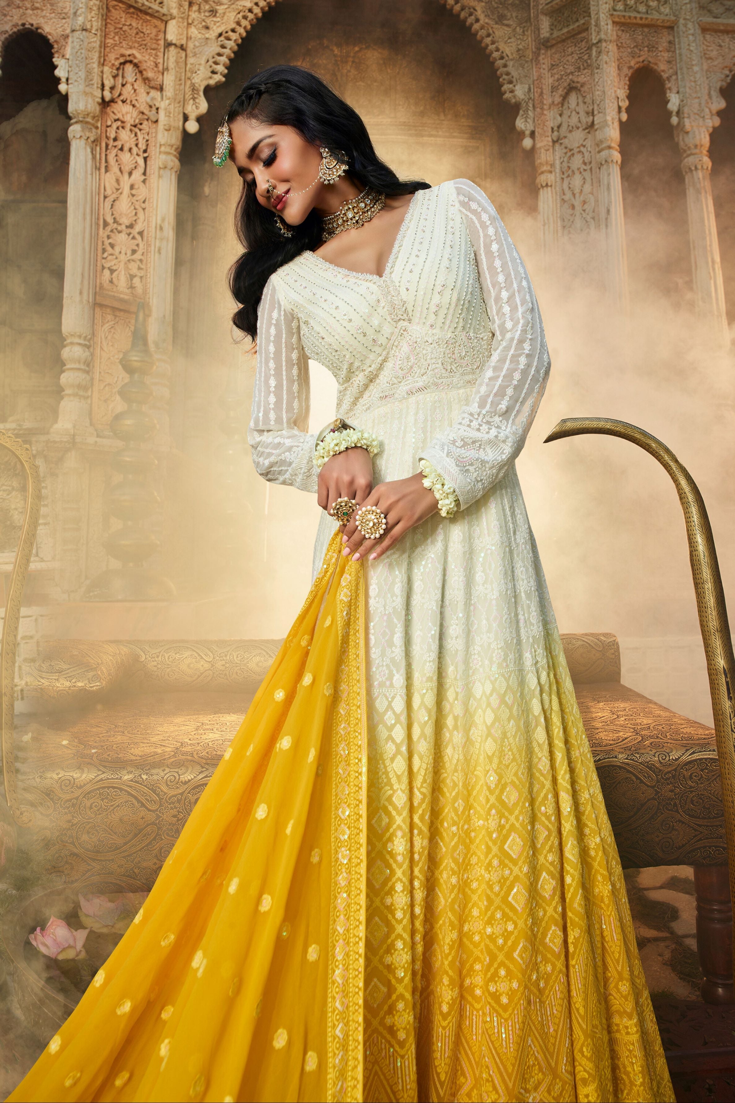 Yellow Ombre-Dyed Georgette Silk Anarkali Set