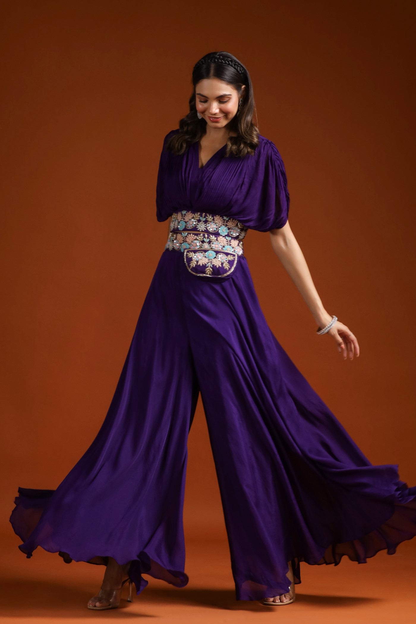 Deep Purple Embroidered Crop Top with Palazzo Set