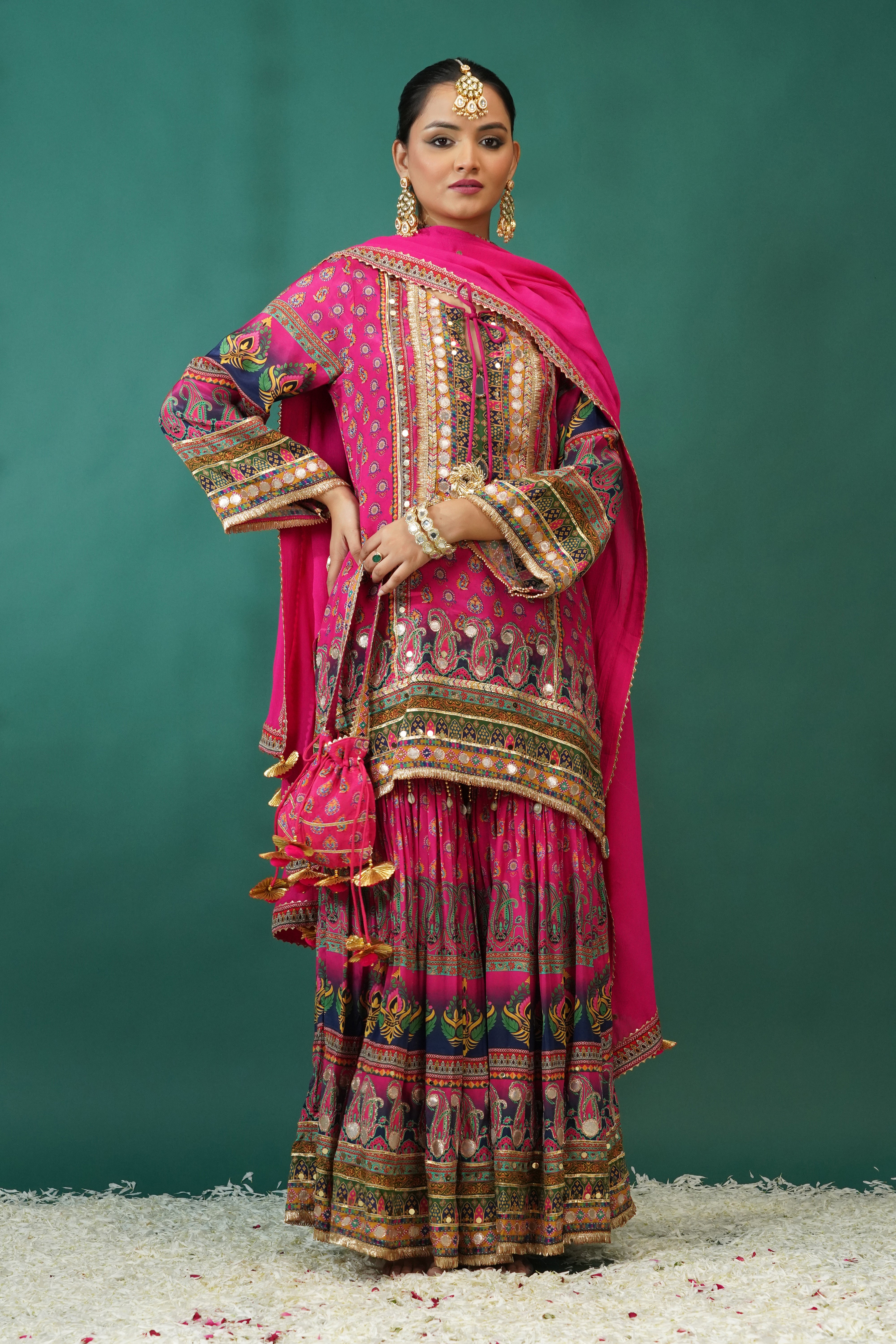 Festive Pink Ethnic Printed Crepe Silk Sharara Set