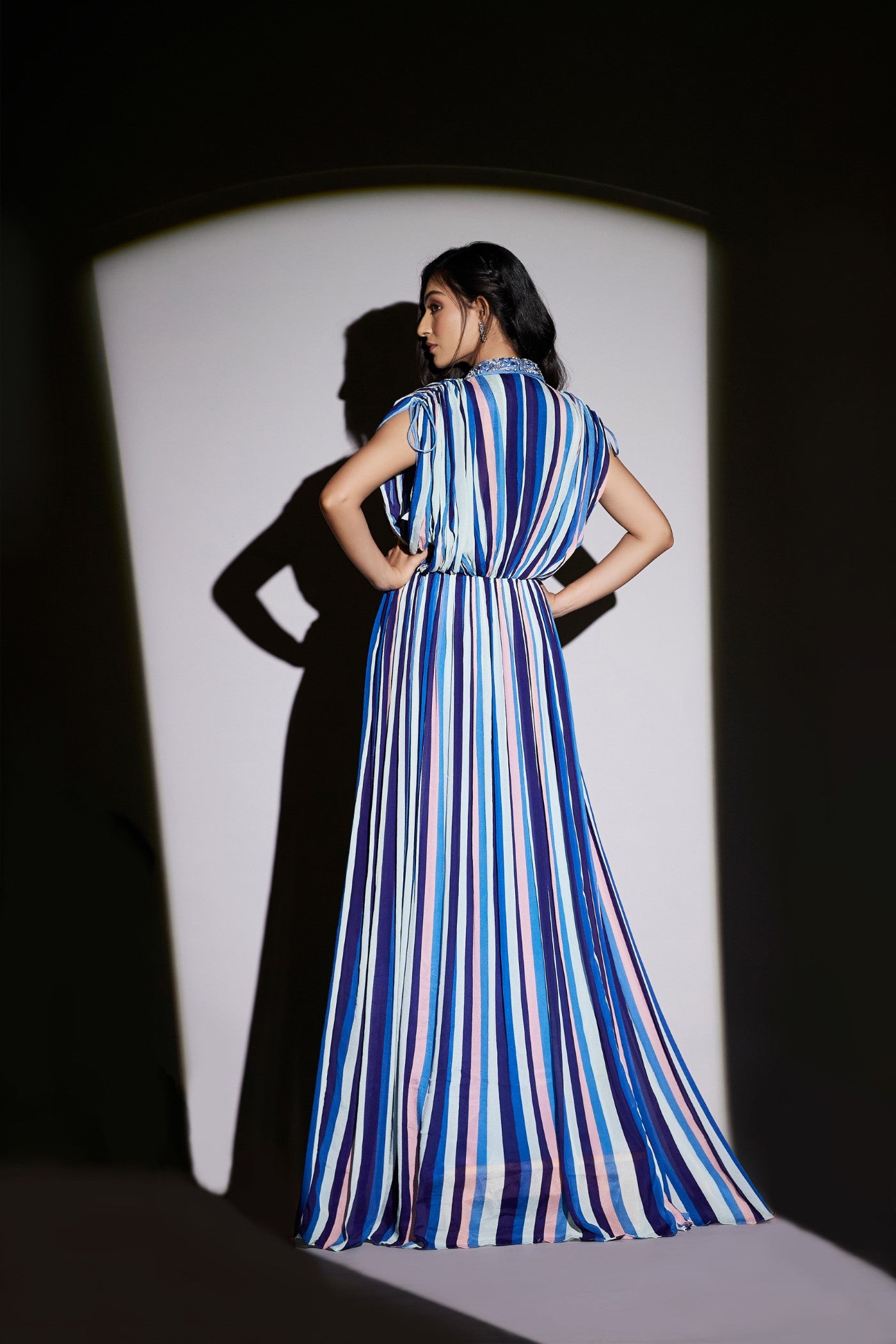 Blue Stripe Printed Italian Silk Gown