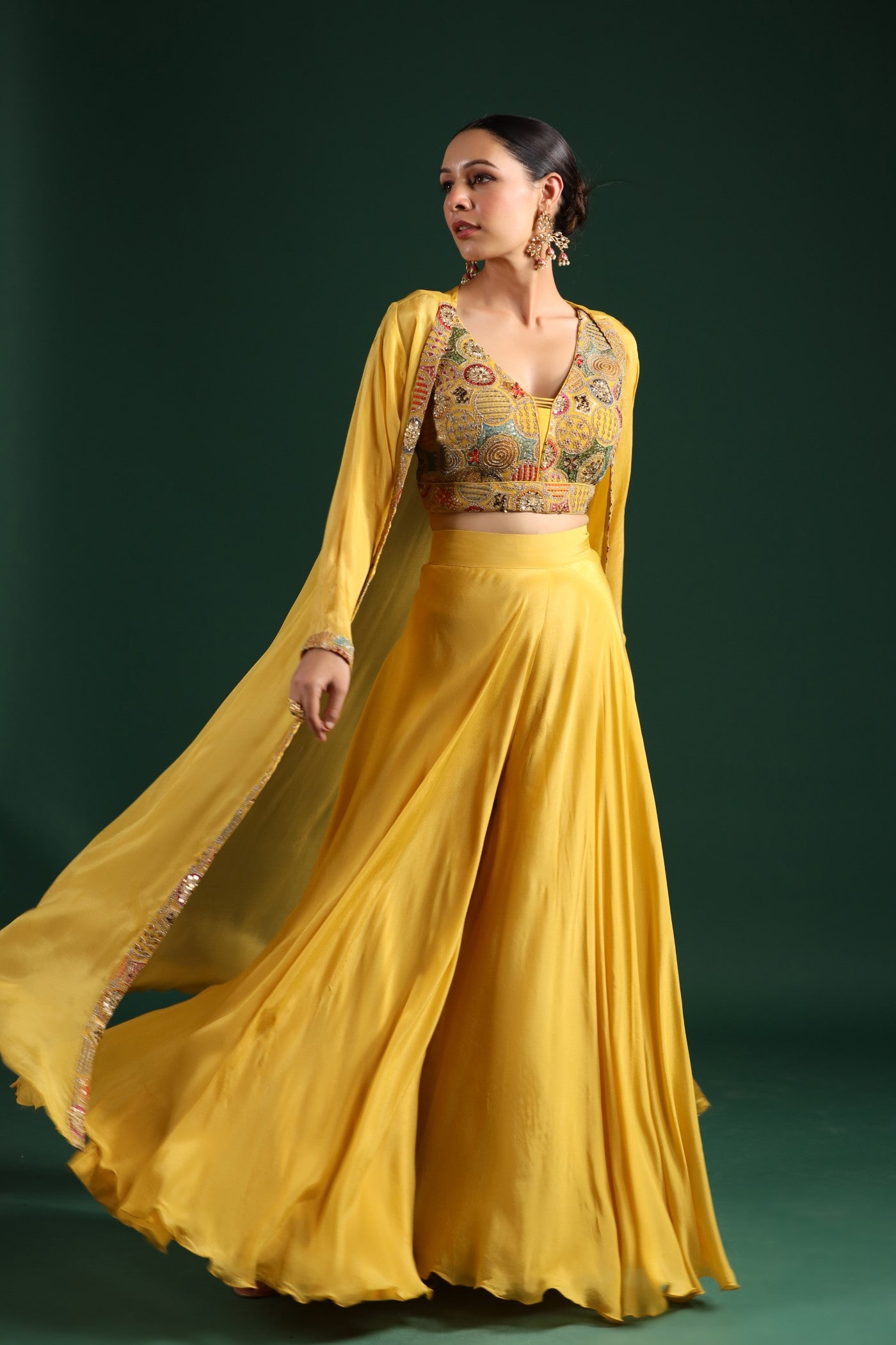 Festive Yellow Embroidered Cape Set