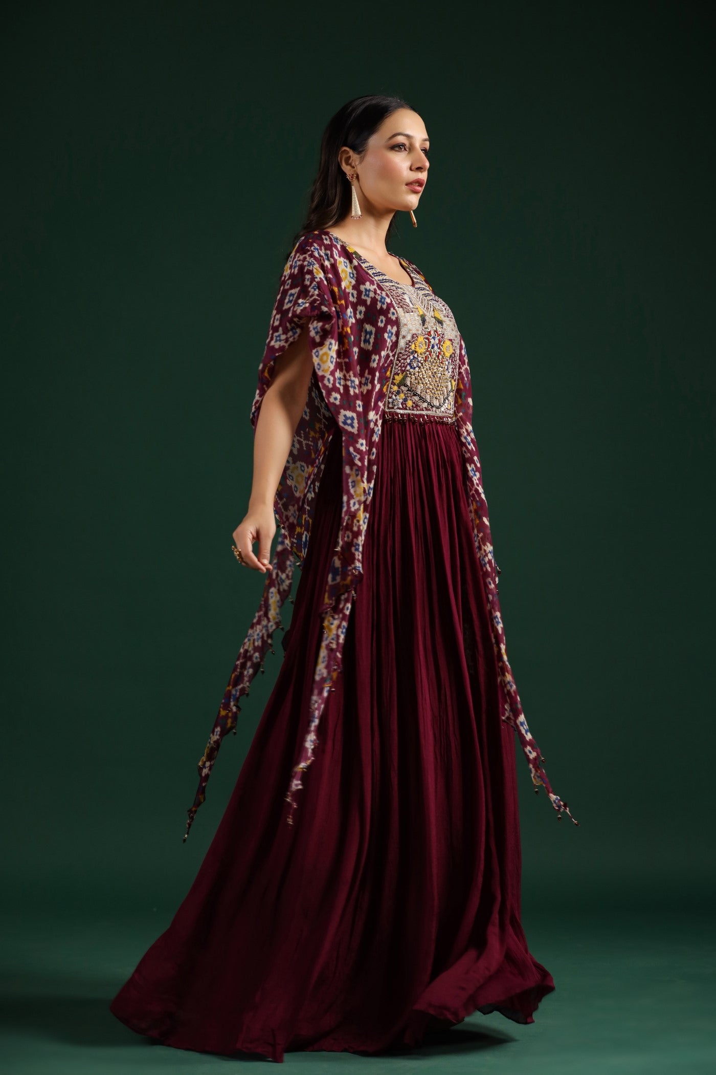 Wine Chinnon Silk Kaftan Style Gown