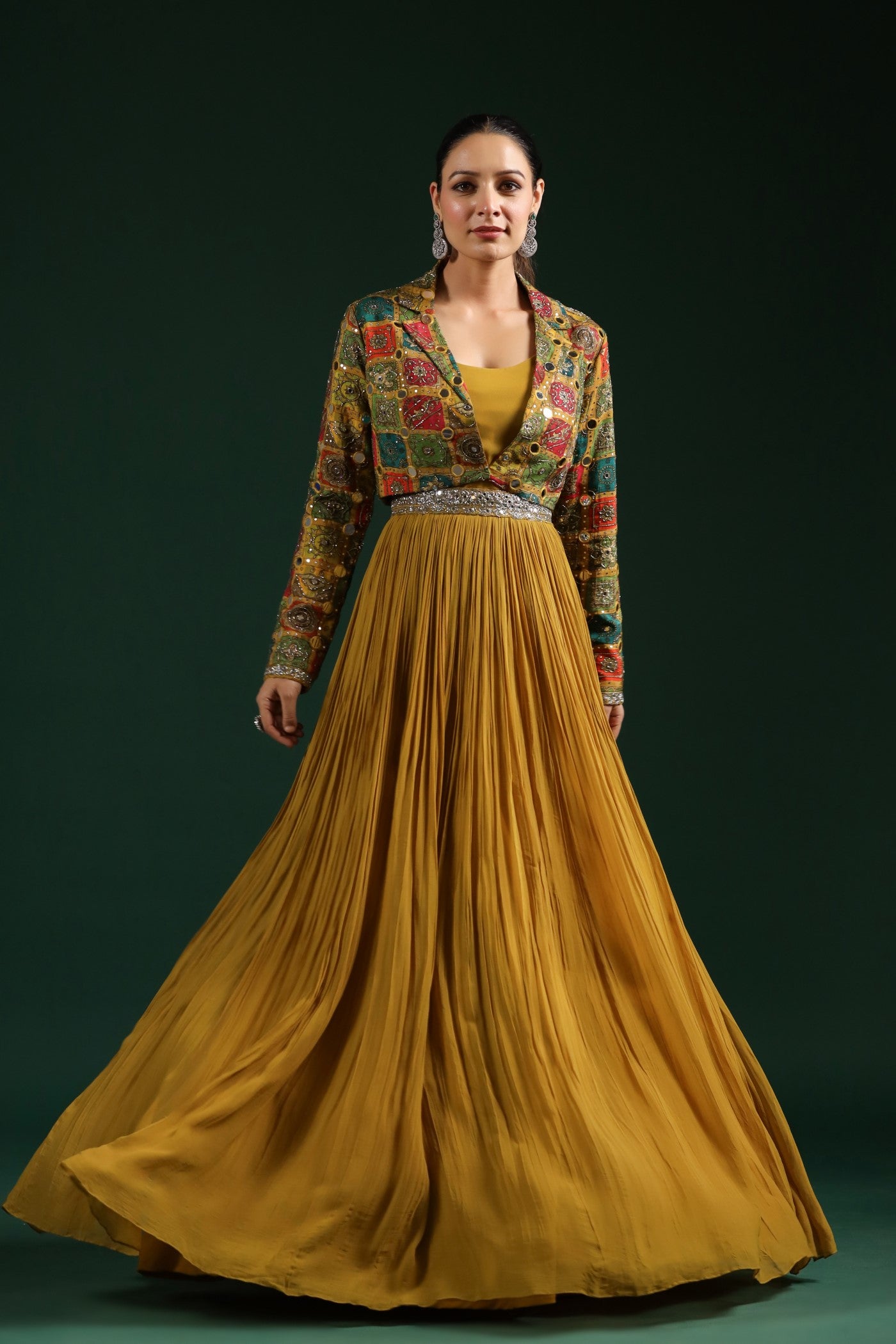 Ochre Yellow Embellished Gown With Cape