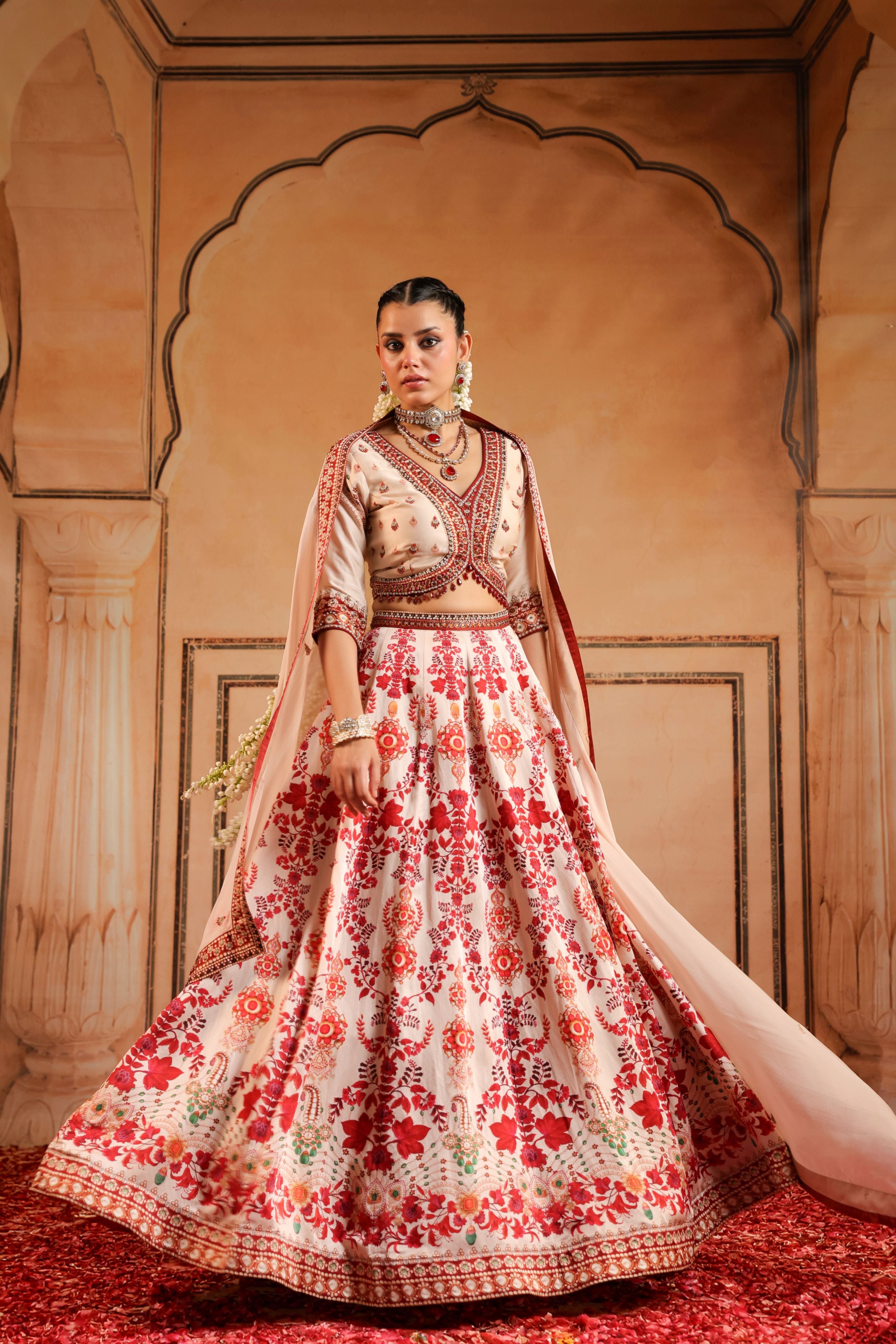 Peachy Pink Embellished Linen Satin Lehenga Set